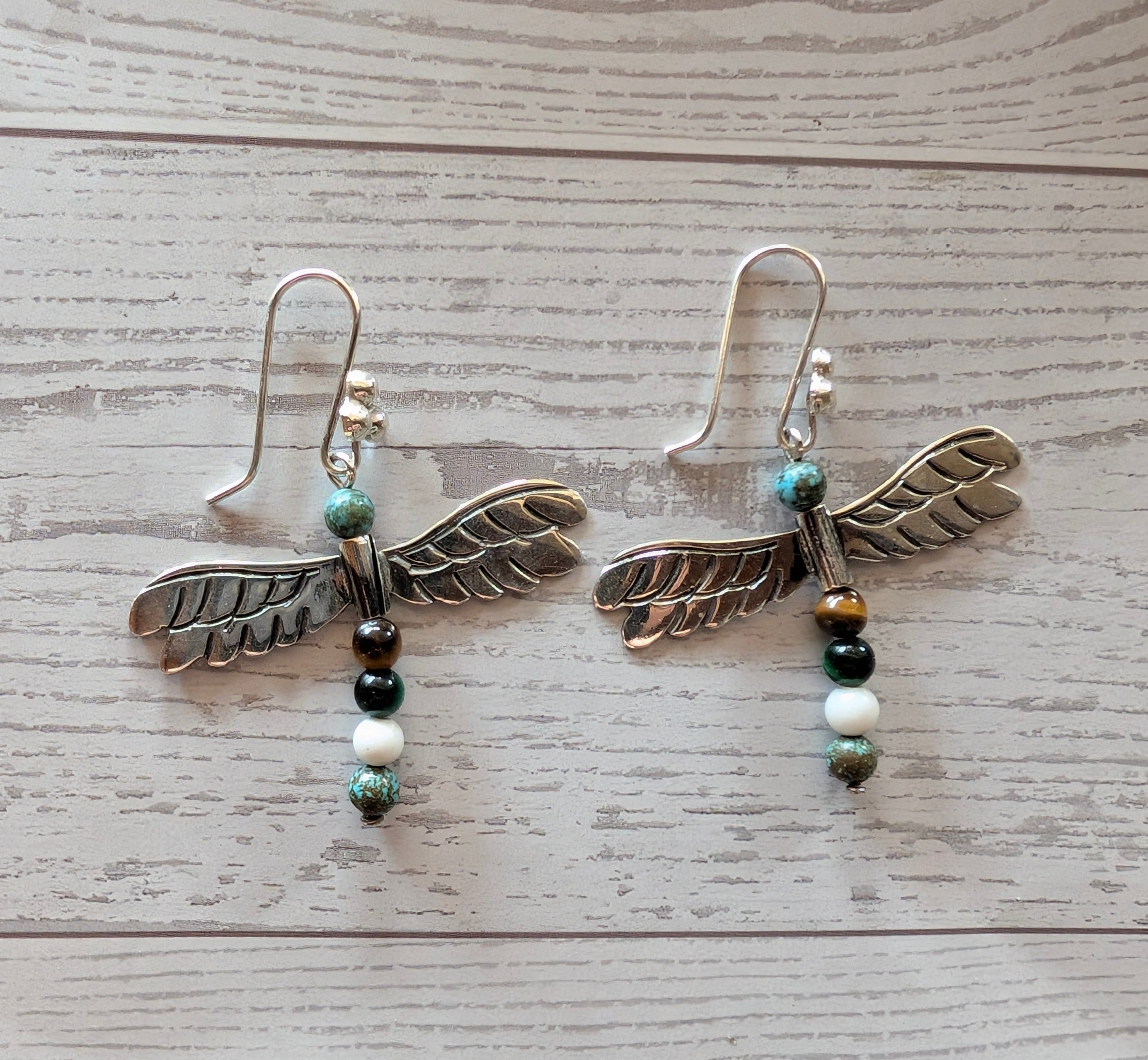 Turquoise & Sterling Silver Beaded Bird Earrings On Hook