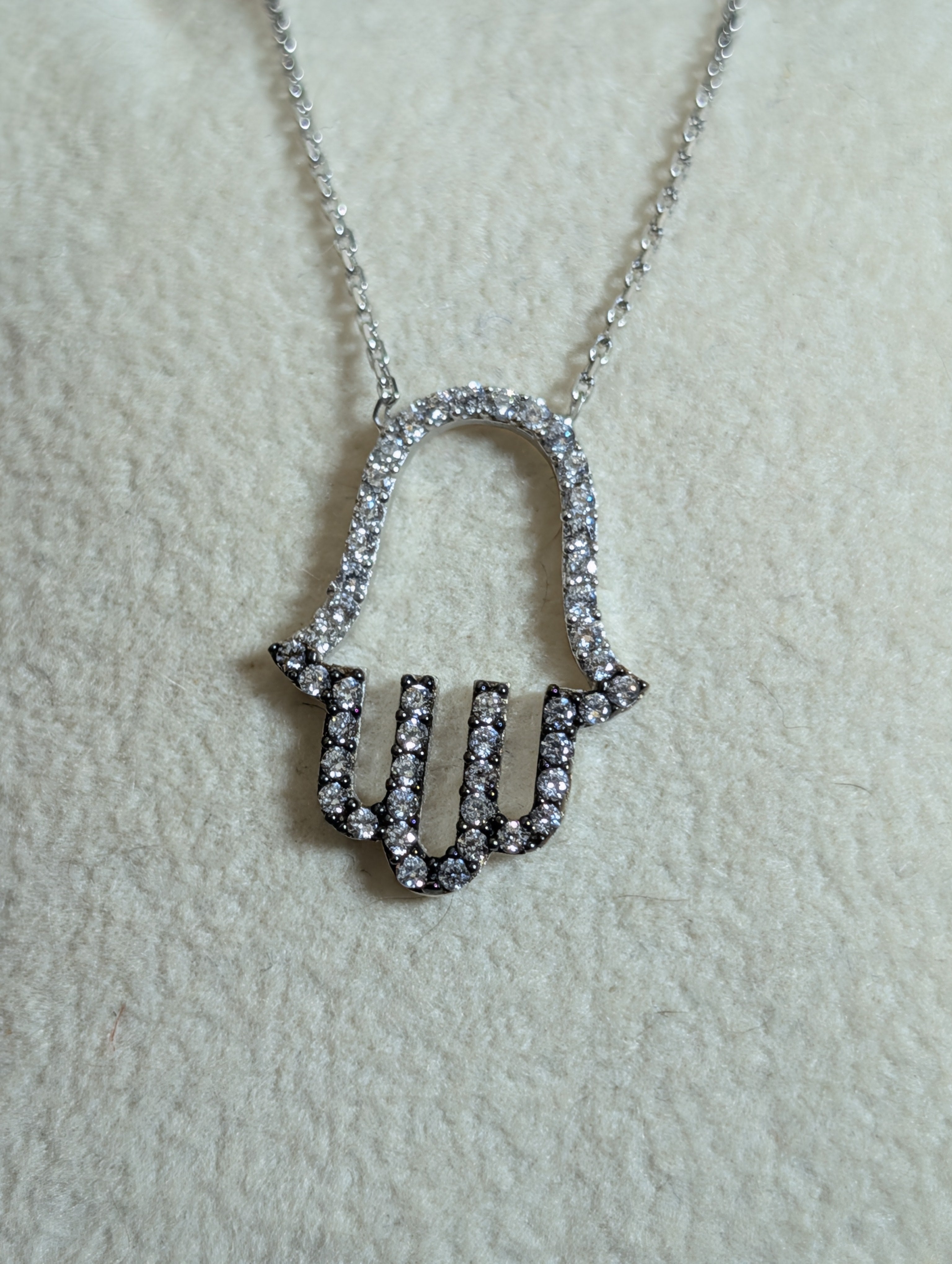 Hamsa Hand CZ Outline Small Pendant On Sterling Silver Necklace