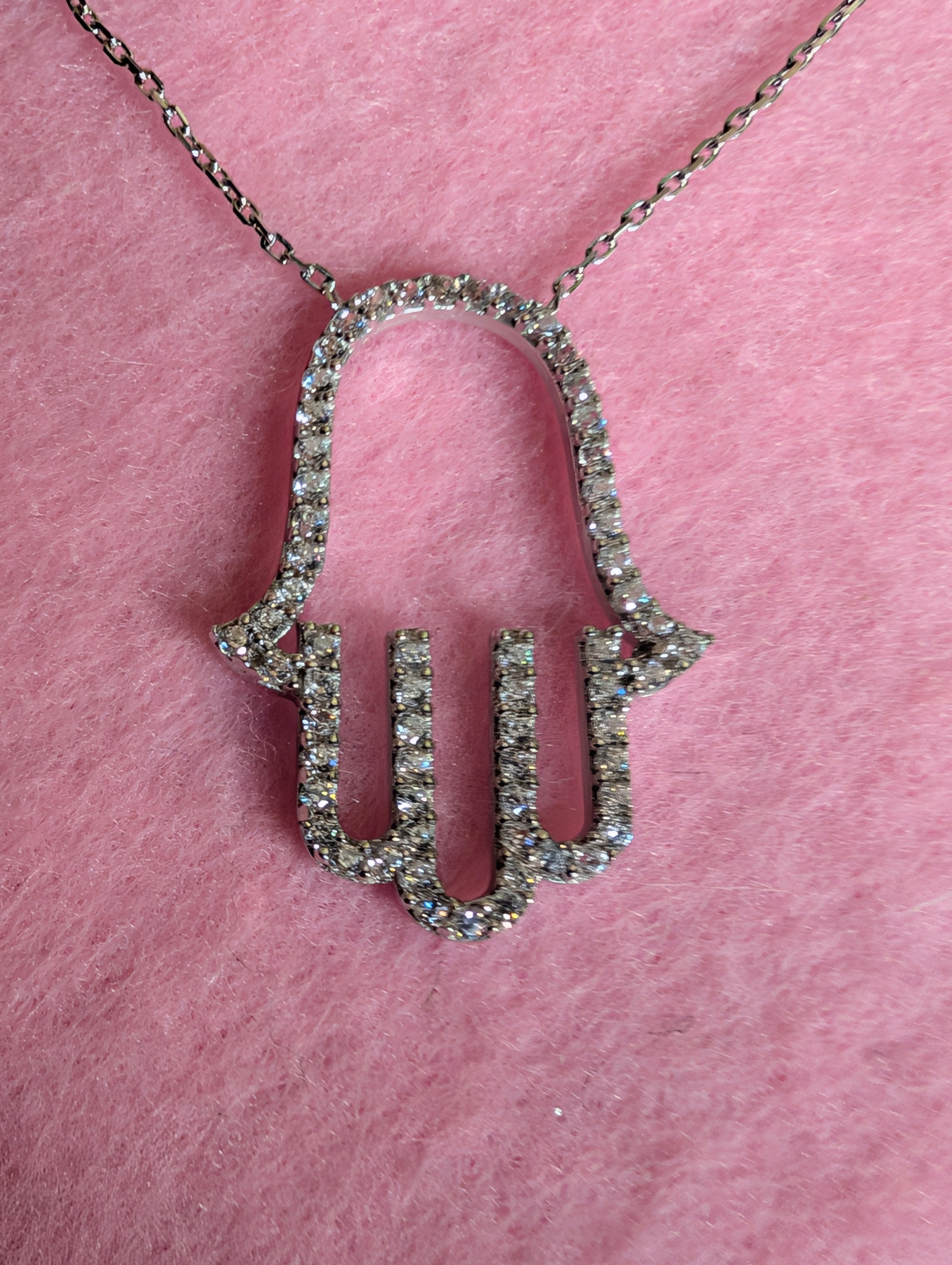 Sterling Silver CZ Pavé Outlined Hamsa Hand Of Protection Necklace