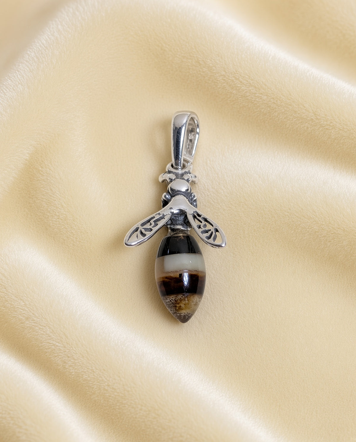 Handmade Bee Honey Cognac Cabochon & Sterling Silver Pendant Variant B03