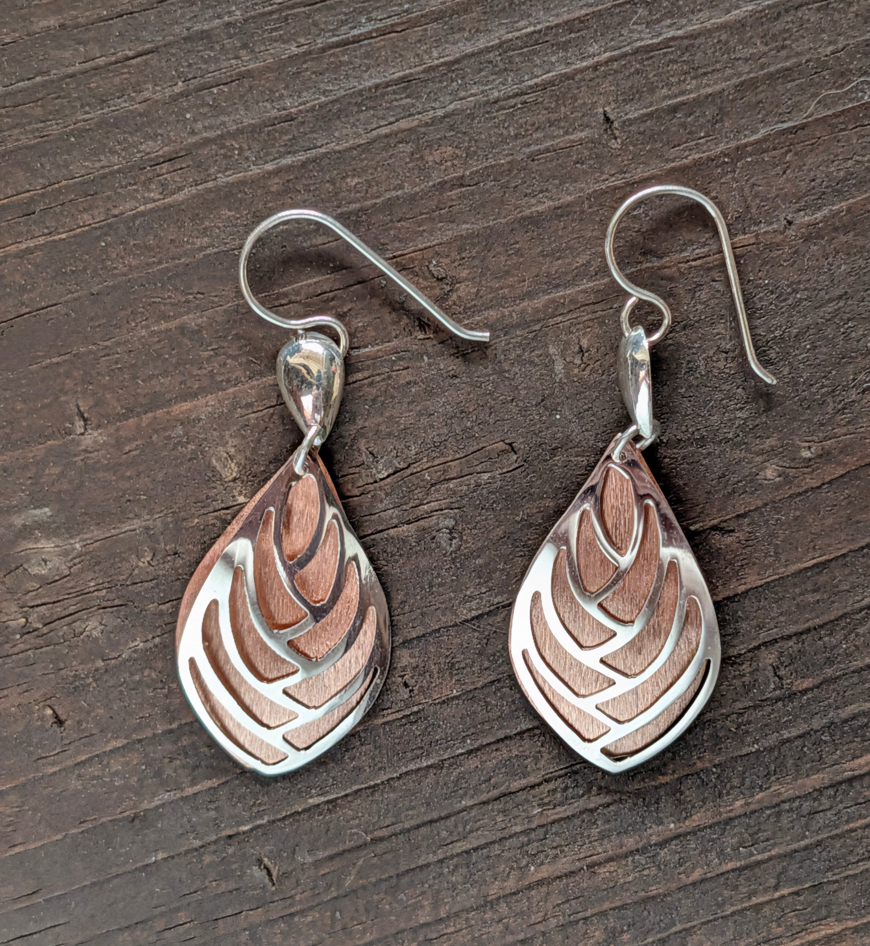 Sterling Silver & Copper Etched Leaf Shaped Hook Earrings