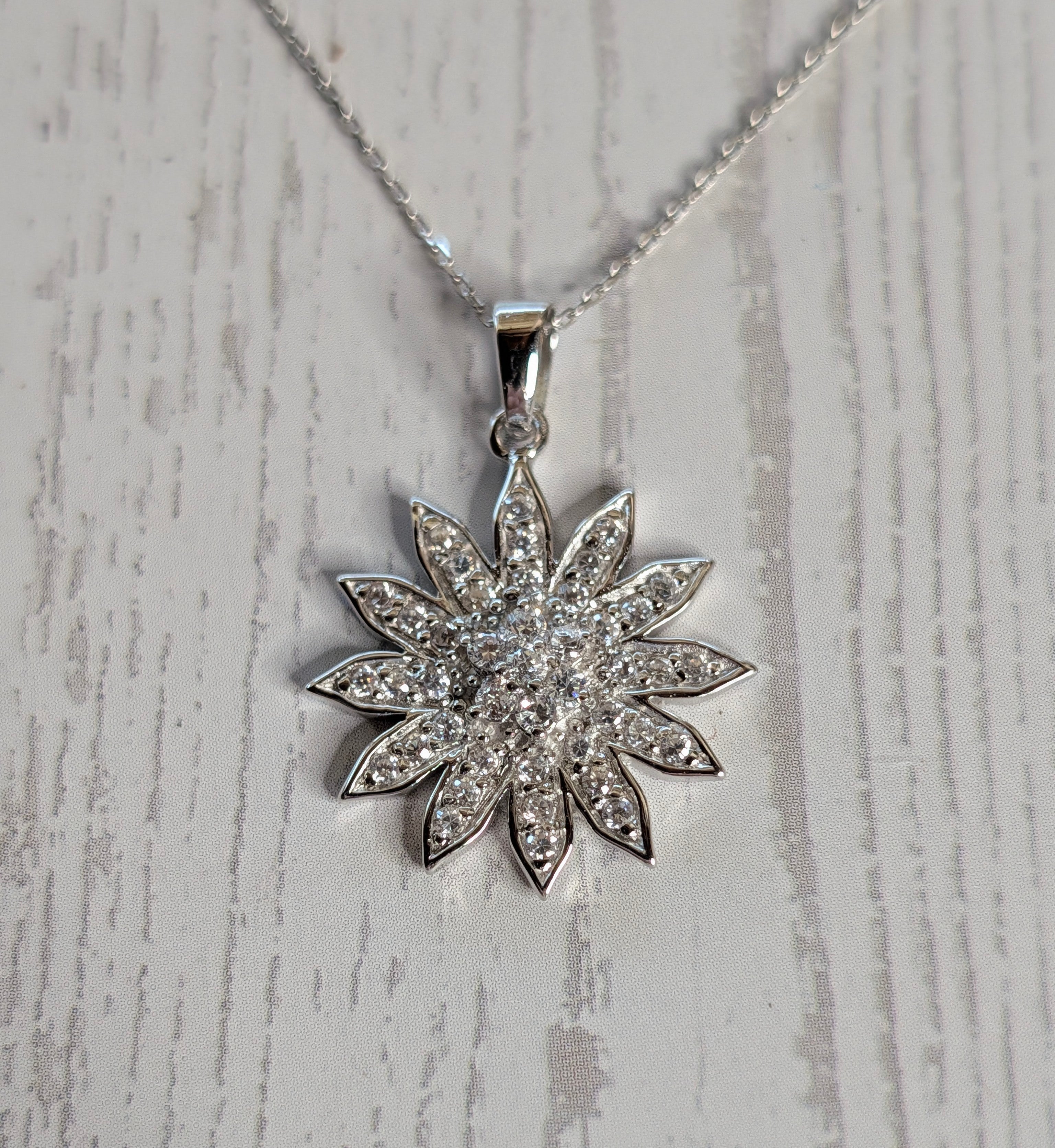 Sterling Silver CZ Sunny & Bright Sunburst Star SunFlower Pendant Necklace