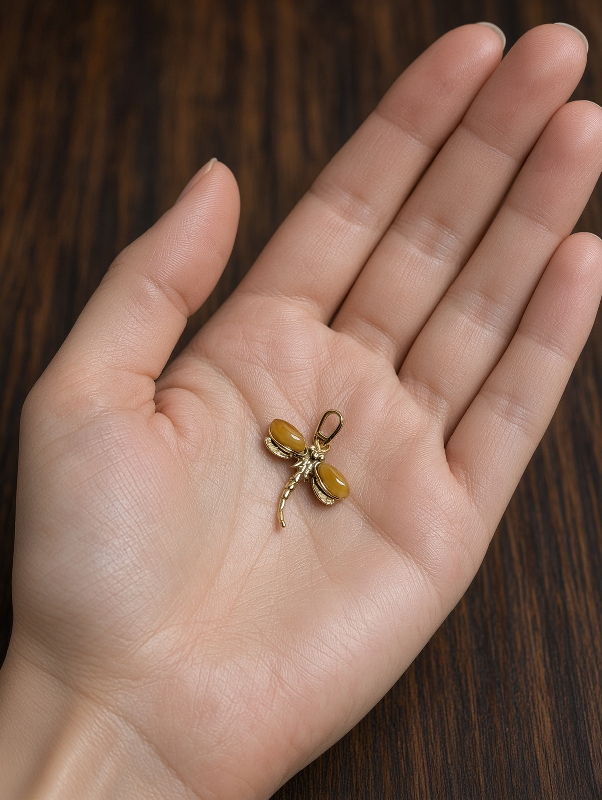 Handmade Dragonfly 14k Gold Plated Honey Cognac Cabochon Pendant