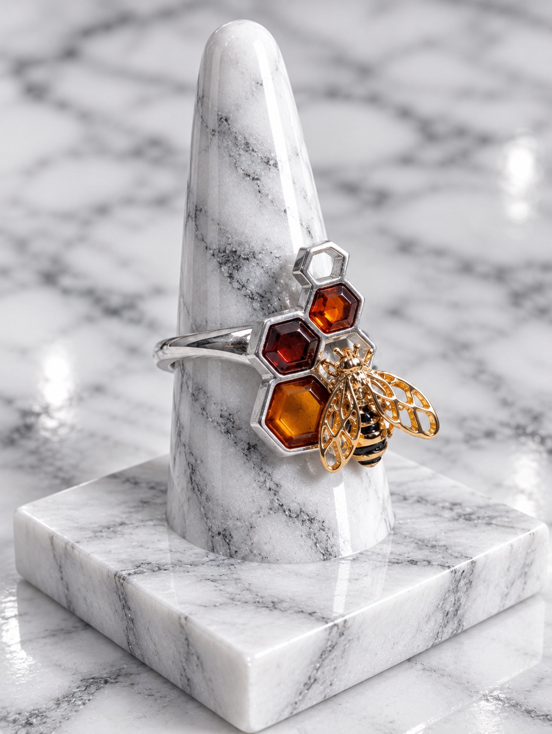 Handmade Bee Honeycomb Honey Cognac Cabochons & Sterling Silver Adjustable Ring