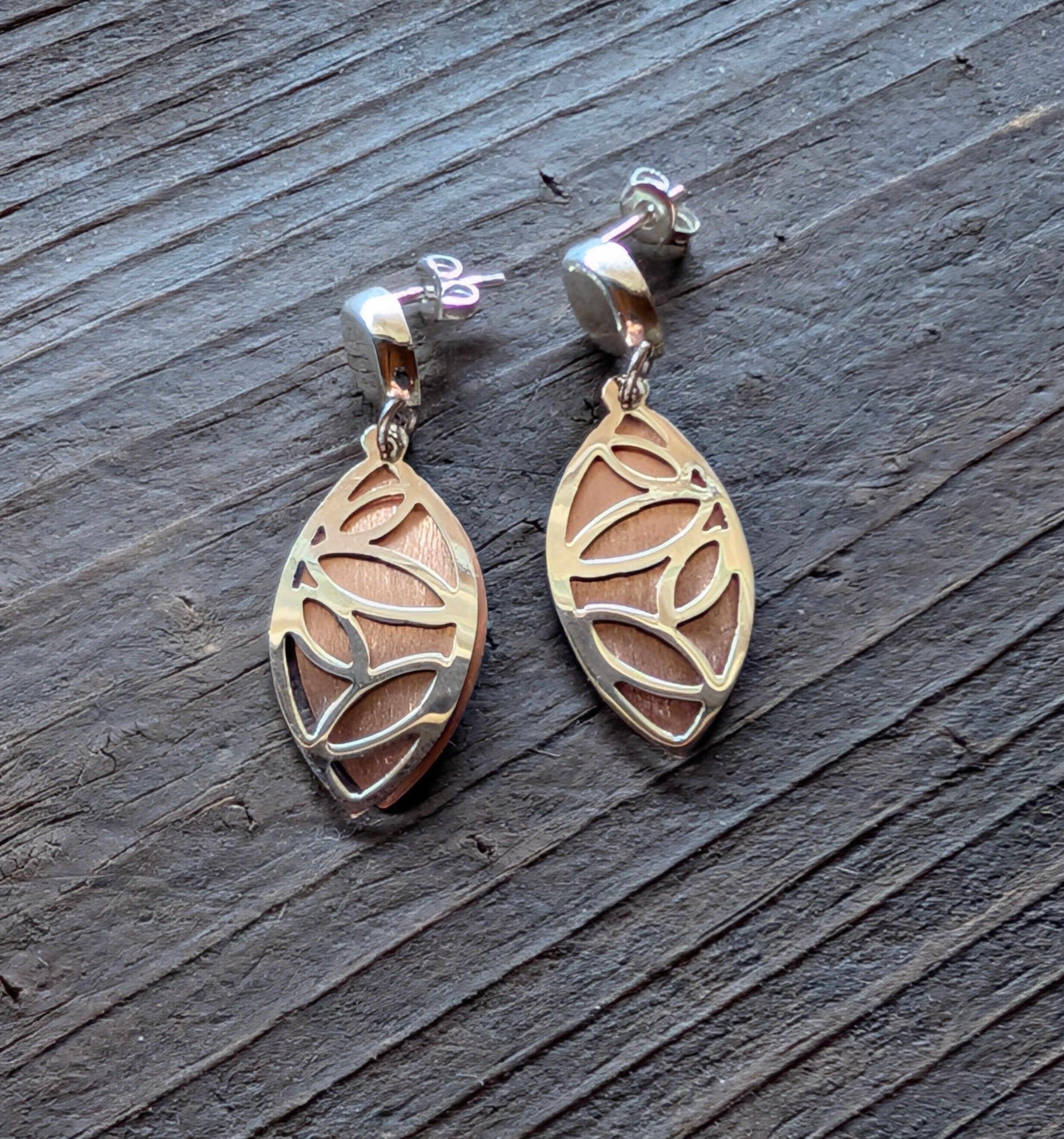 Sterling Silver & Copper Small Butterfly Wing Eliptical Dangle Stud Earrings