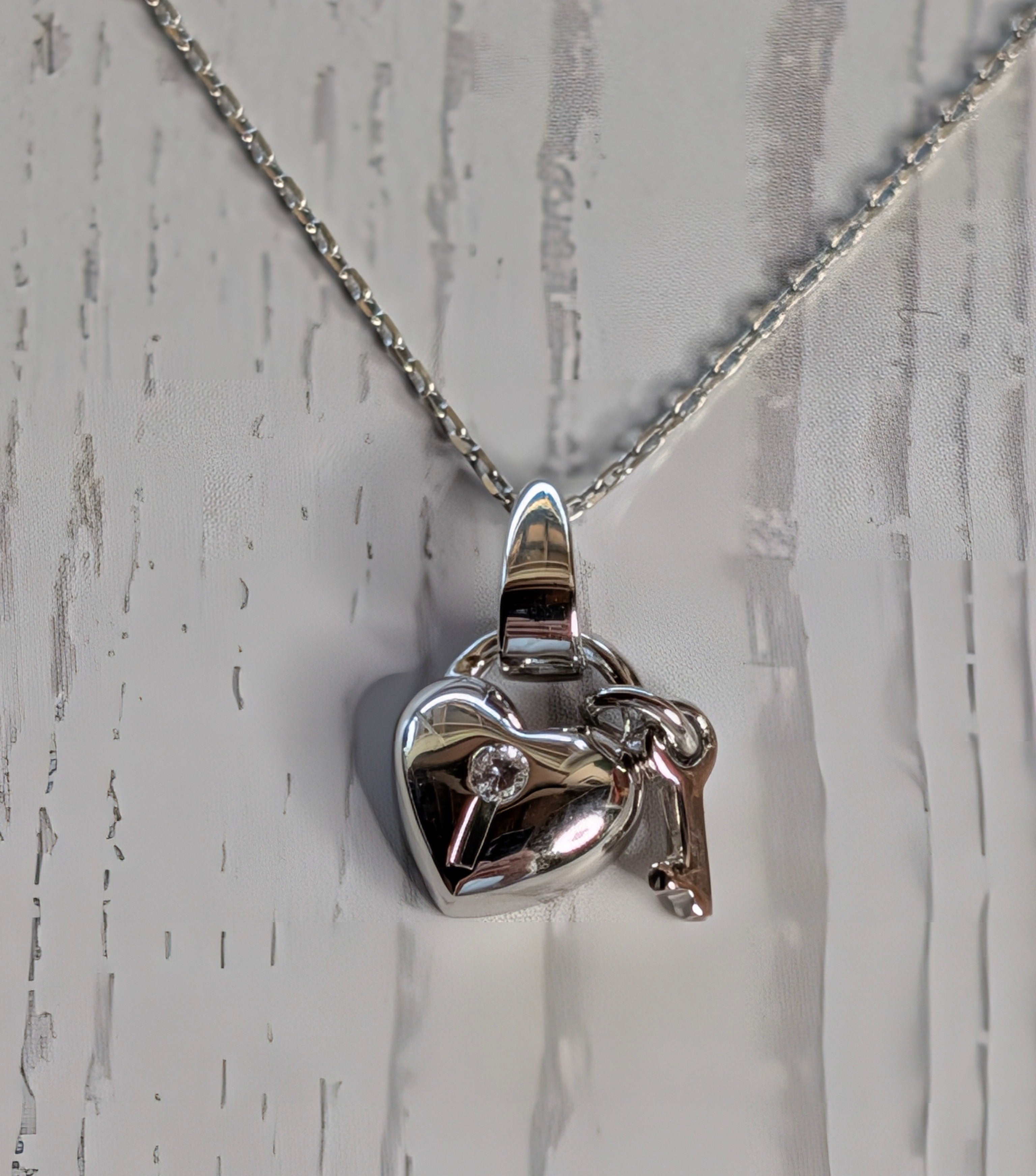 Sterling Silver Puffy Heart & Key Romantic Love Necklace