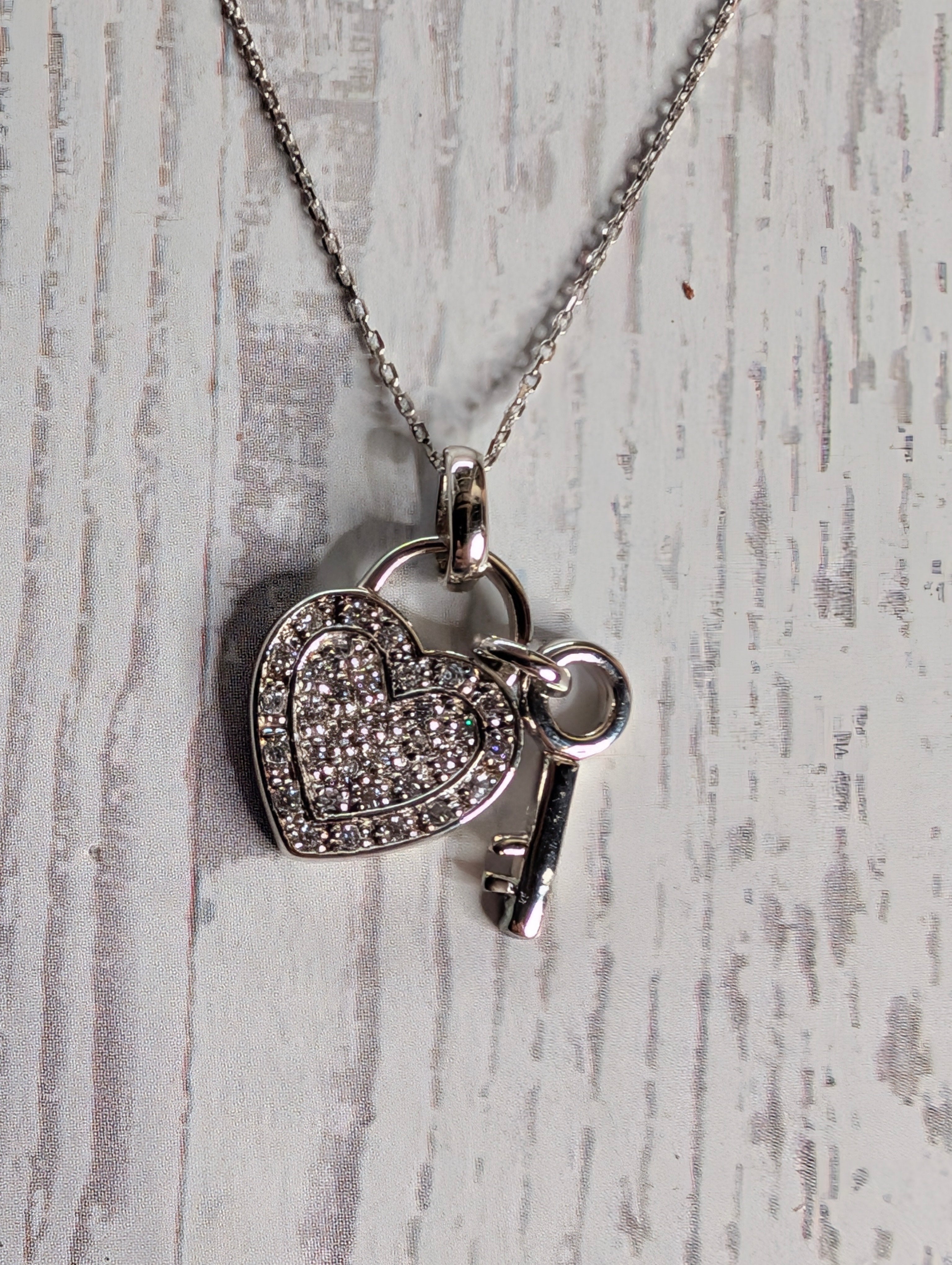 Sterling Silver CZ Heart & Key Romantic Love Necklace