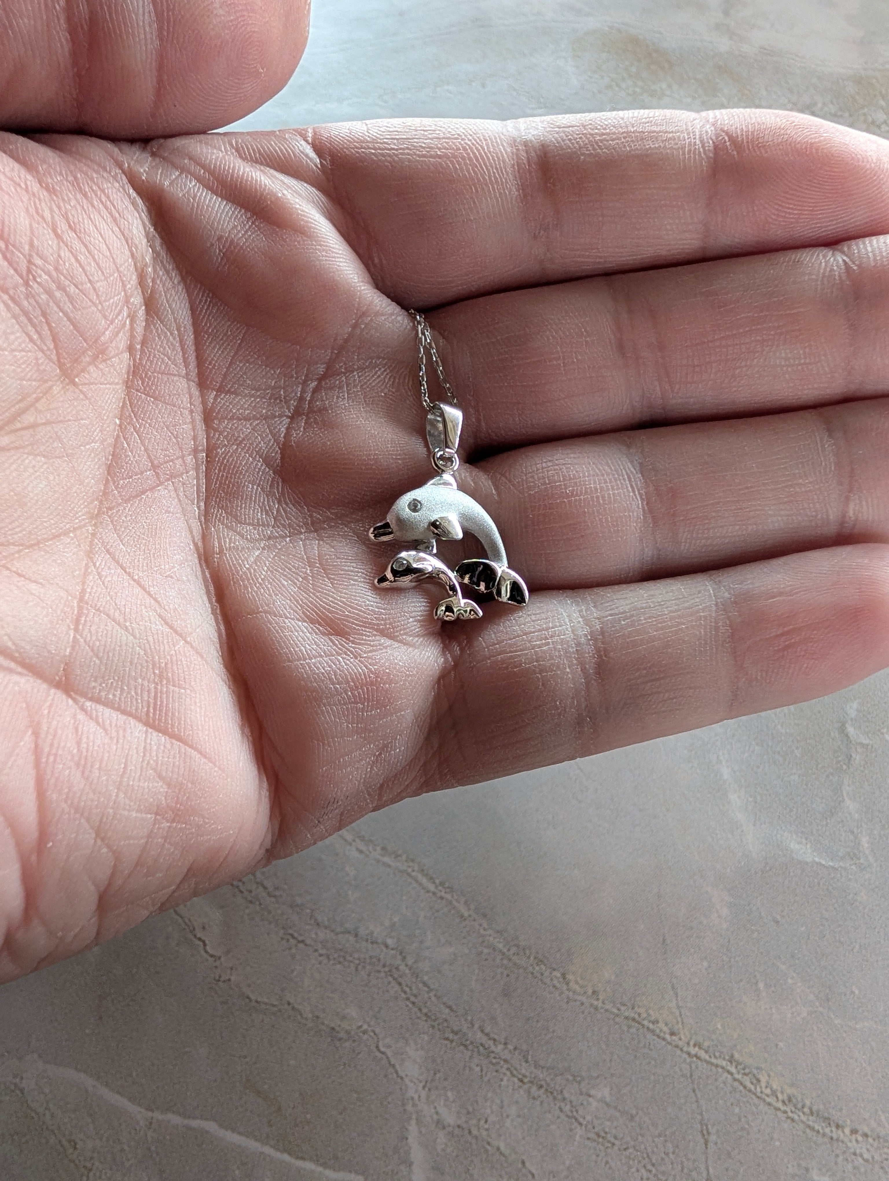 Sterling Silver CZ Double Dolphin Earrings & Necklace Jewelry Set