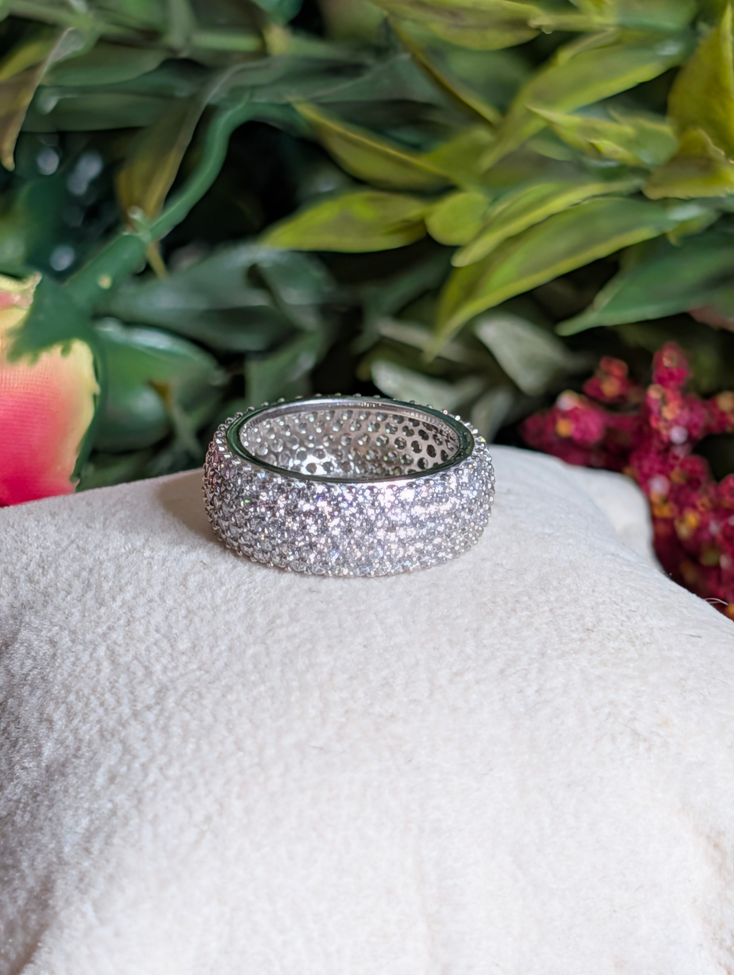 Sterling Silver CZ Fully Paved Stone Inlay Wide Band Ring Size 6