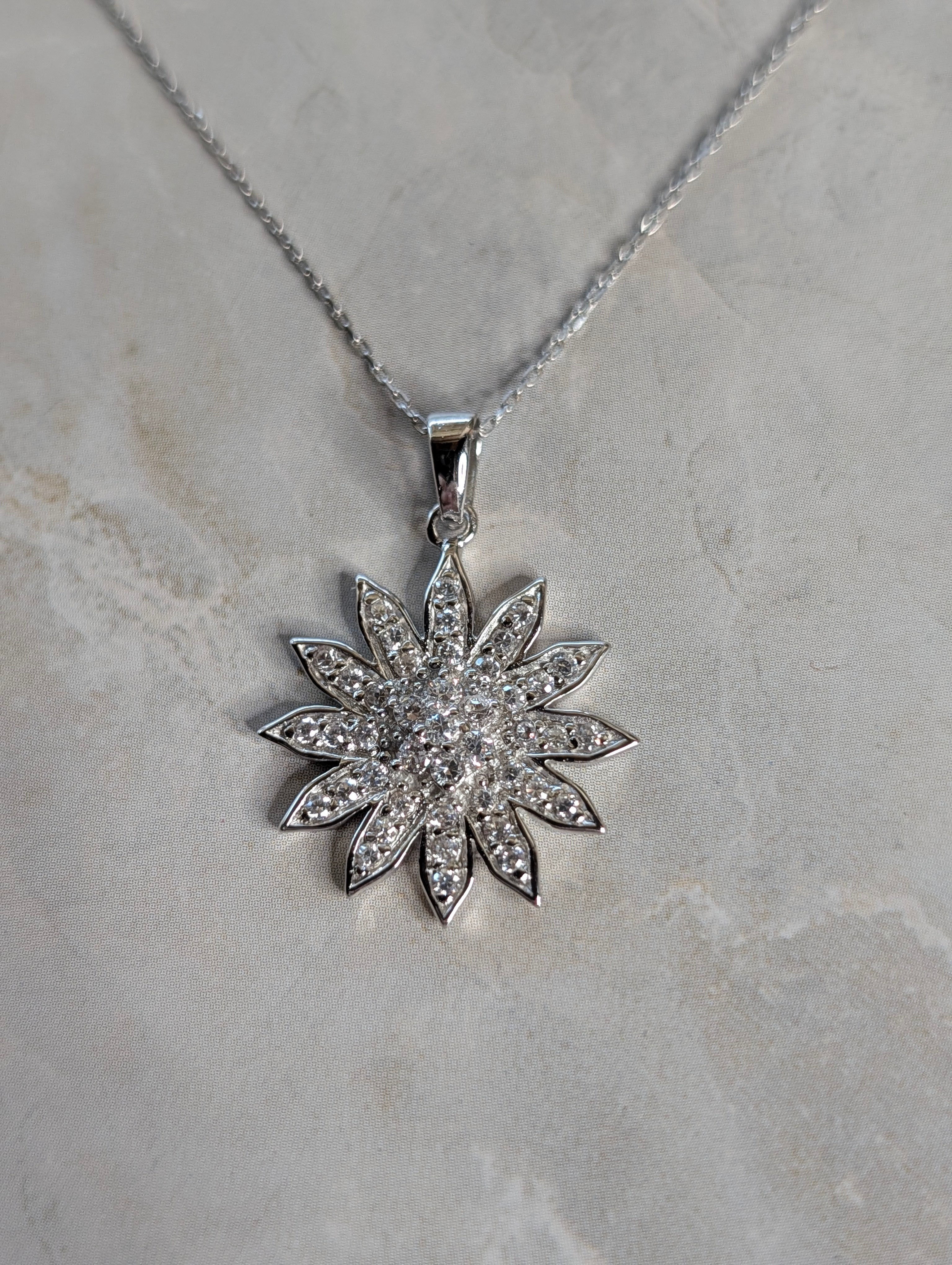 Sterling Silver CZ Sunny & Bright Sunburst Star SunFlower Pendant Necklace