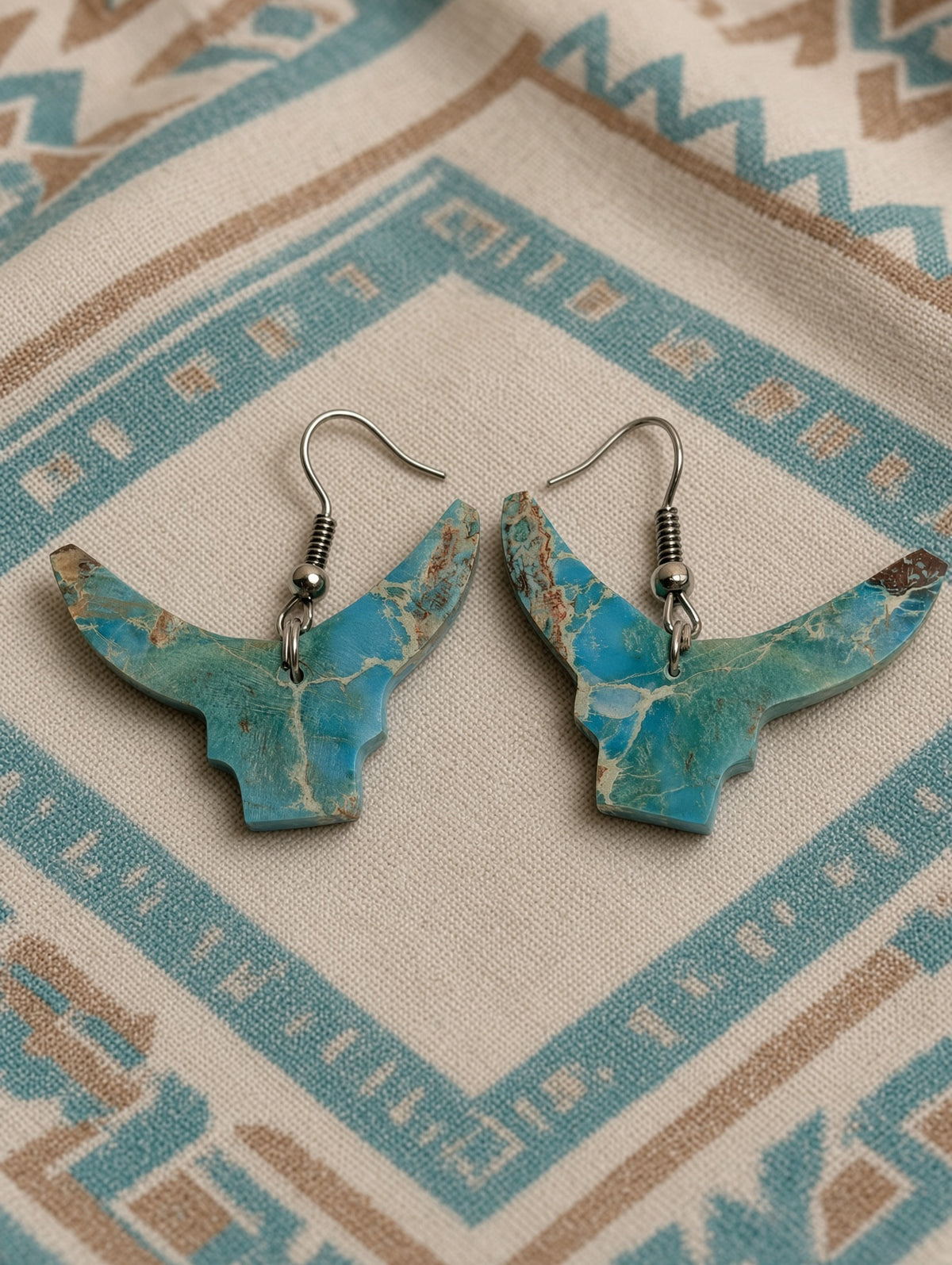 Handcrafted Indigo Turquoise Bull Head Slab Sterling Silver Earrings