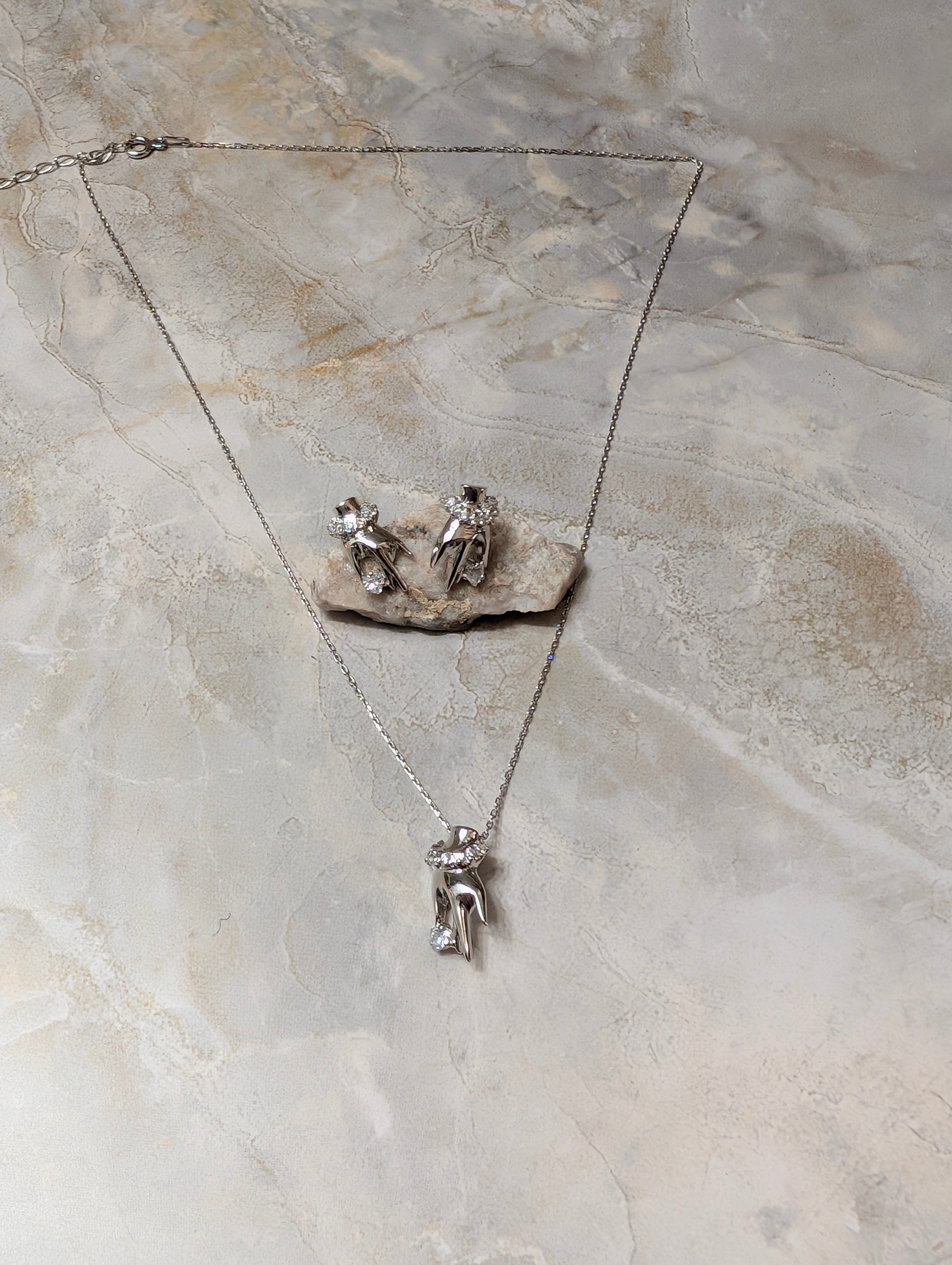 Sterling Silver & CZ Hand Of Protection Earrings & Pendant Necklace Jewelry Set