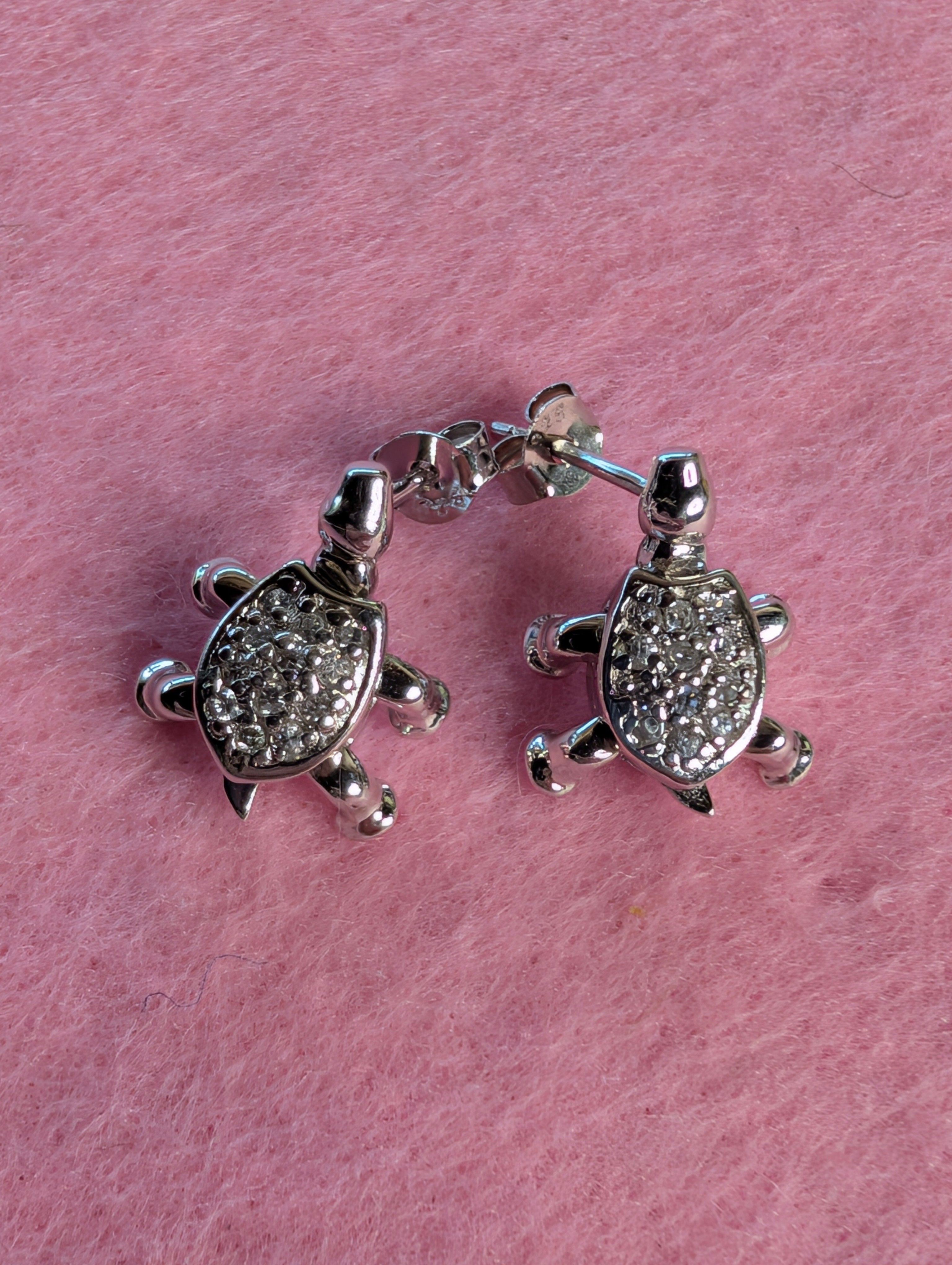 Sterling Silver CZ Tiny Turtle Dangling Earrings On Post