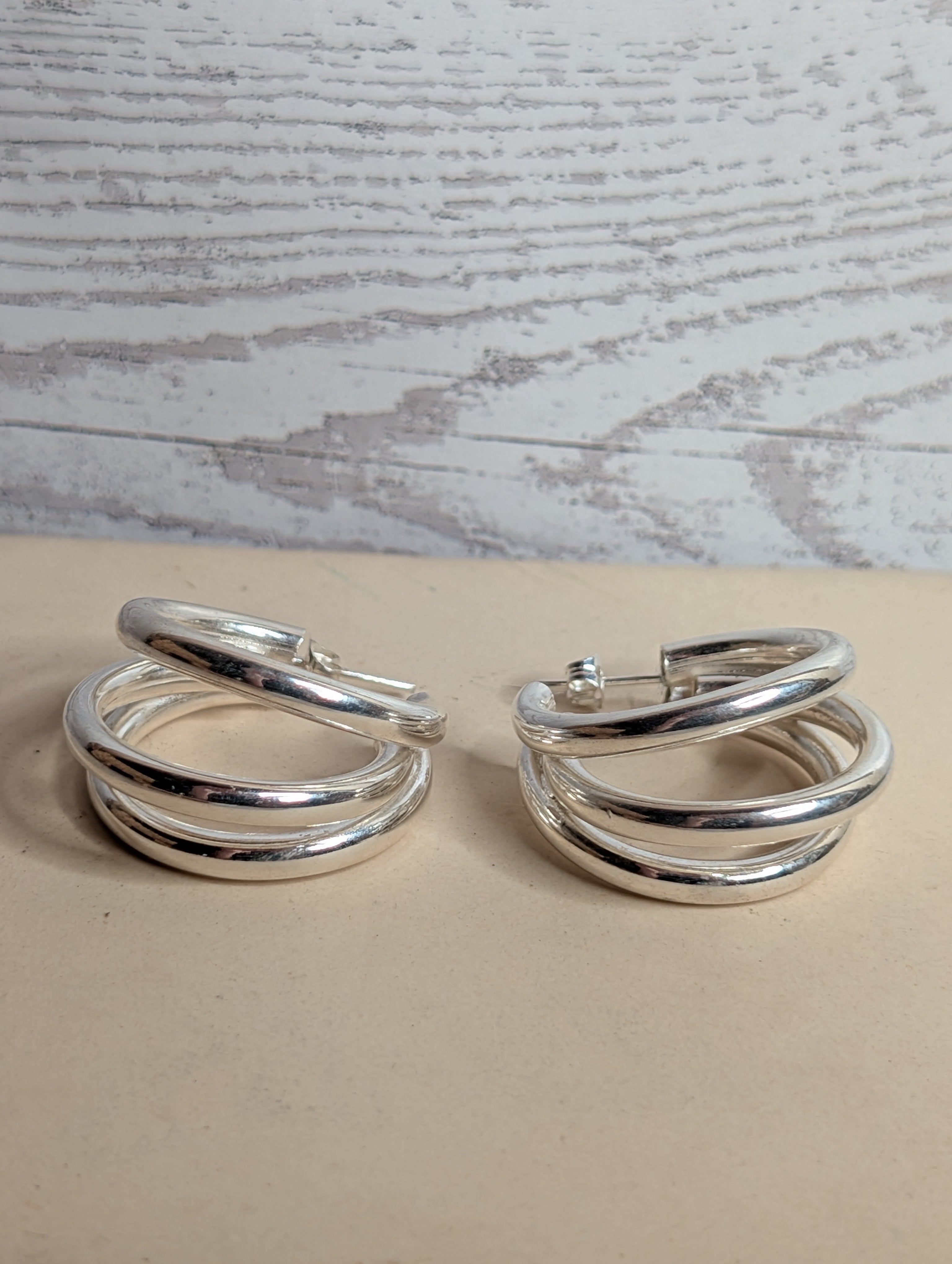 Sterling Silver Ribbed Tube Multi-Band Hoop Earrings