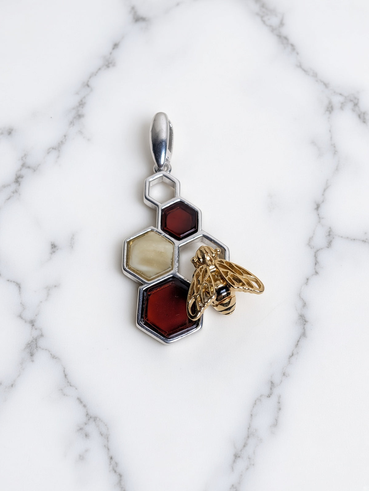 Handmade Bee Honeycomb Honey Cognac Cabochons & Sterling Silver Pendant