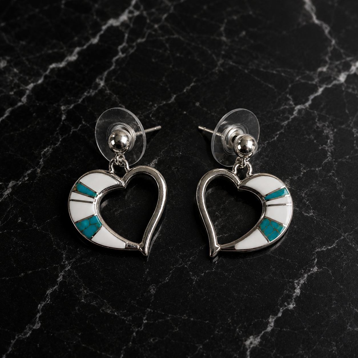 Handcrafted Sterling Silver MultiStone Turquoise White Buffalo Inlay Heart Shaped Earrings