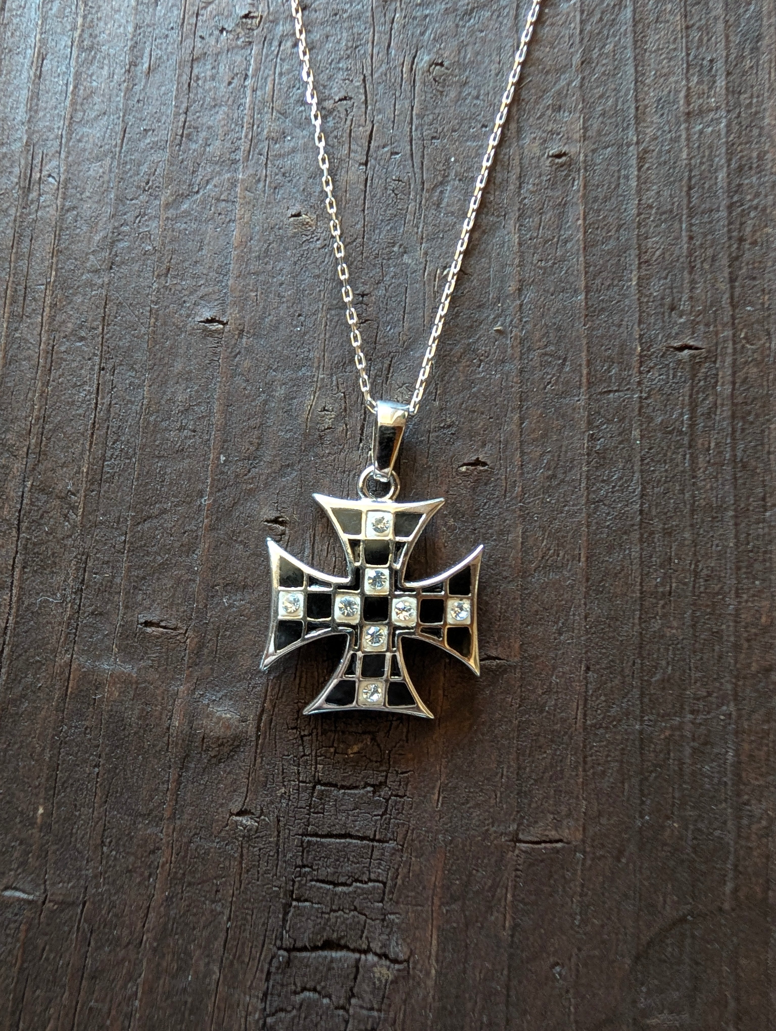 Sterling Silver Black Enamel Inlay Maltese Cross Pendant Necklace