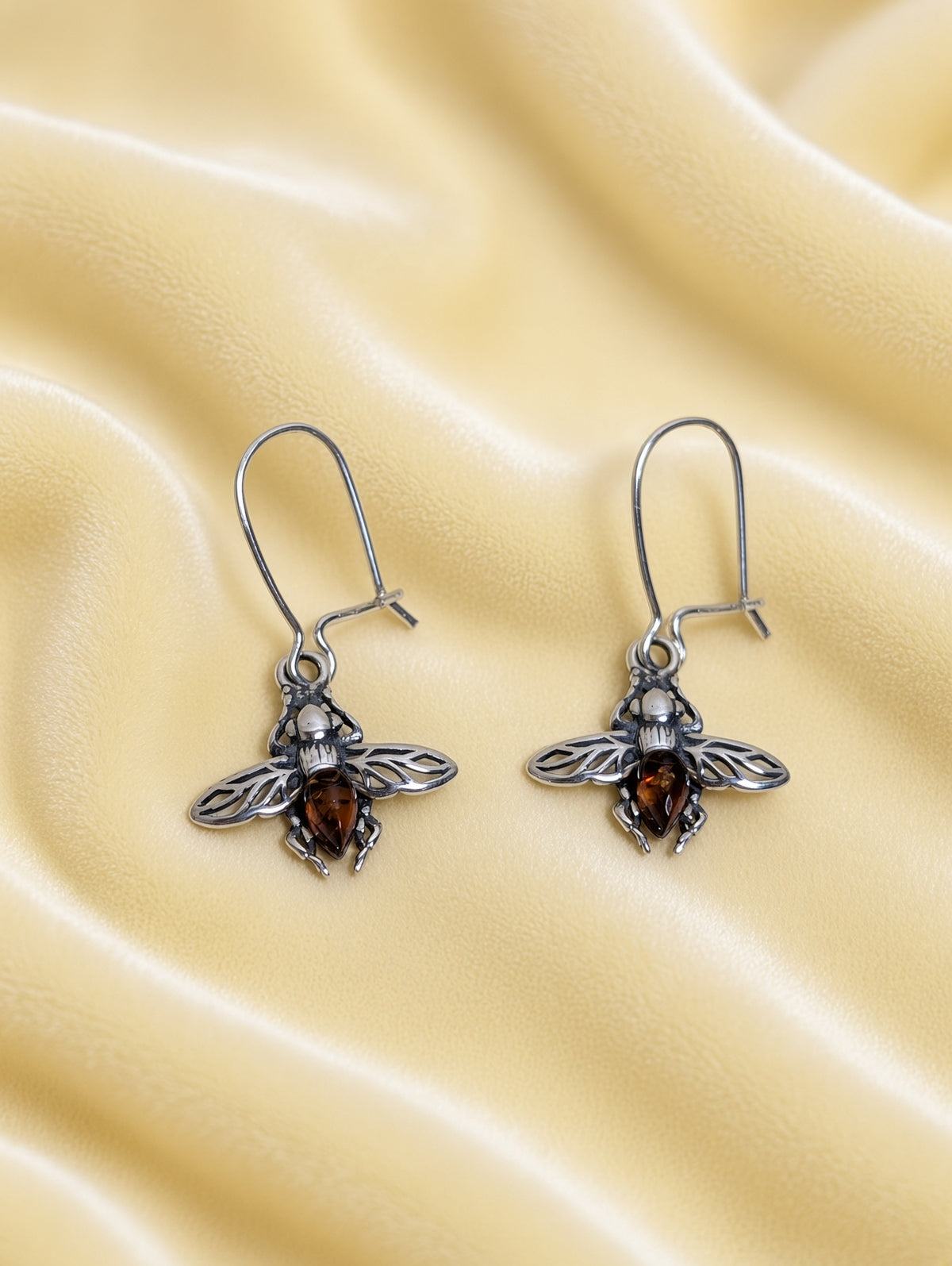 Handmade Bee Earrings with Orange Inlay & Honey Cognac Cabochons In Sterling Silver