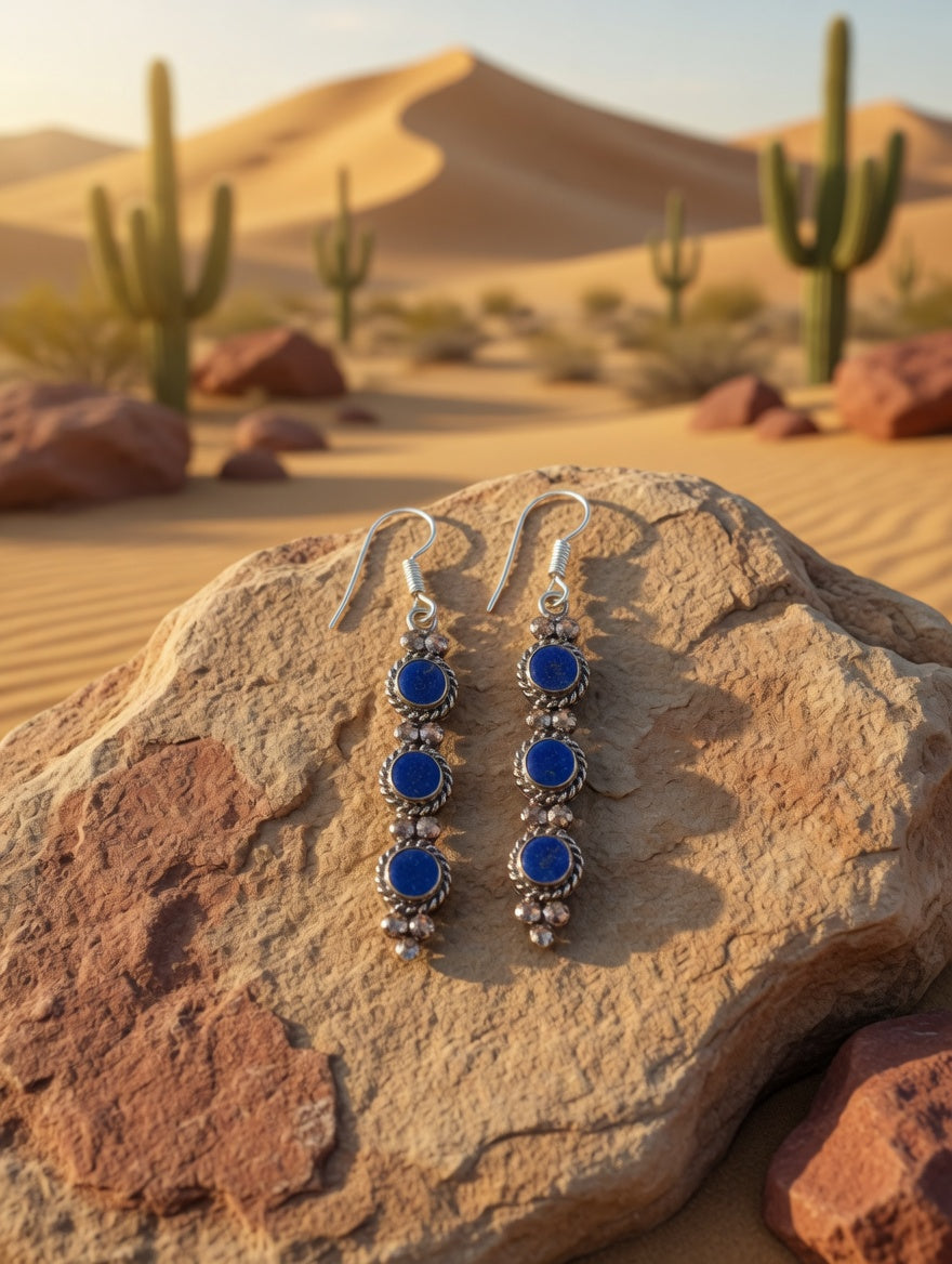 Vintage Southwestern Blue Lapis & Silver Three Stone Dangle Earrings