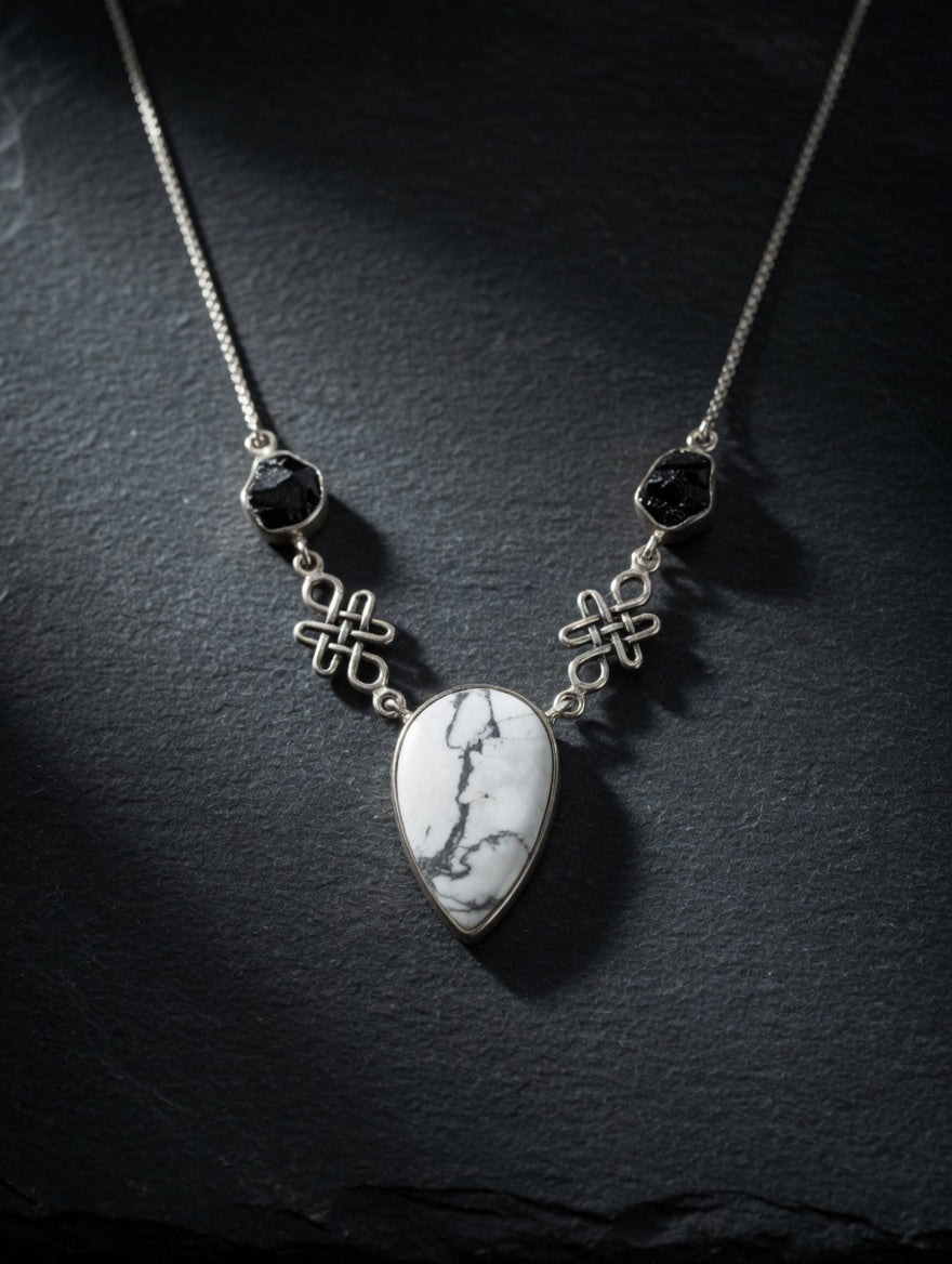 Dendritic Agate Leaf Shaped Shaped Gemstone With Black Tourmaline Sterling Silver Lariat Necklace