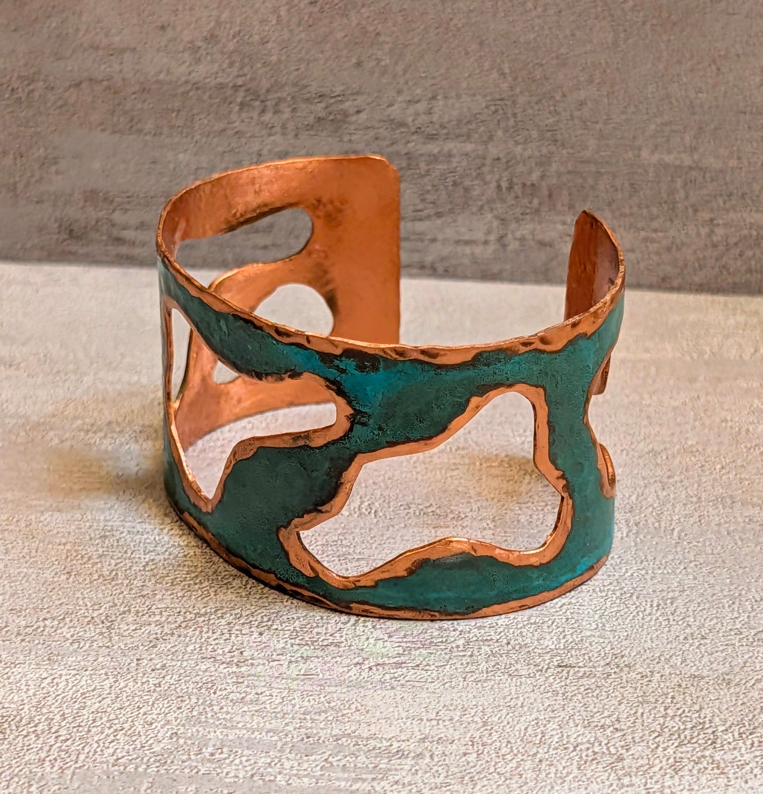 Sterling-Oxidized Lacquer Copper & Turquoise Lake Cuff Bracelet 1.5"