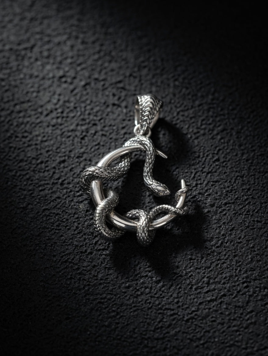 Sterling Silver Round Snake Pendant With 18k Gold Accents