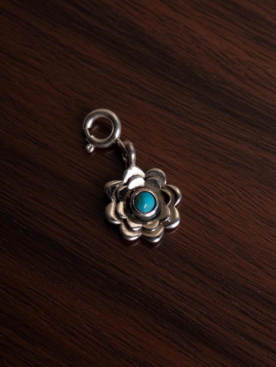 Sterling Silver Southwestern Style Flower Charm With Turquoise