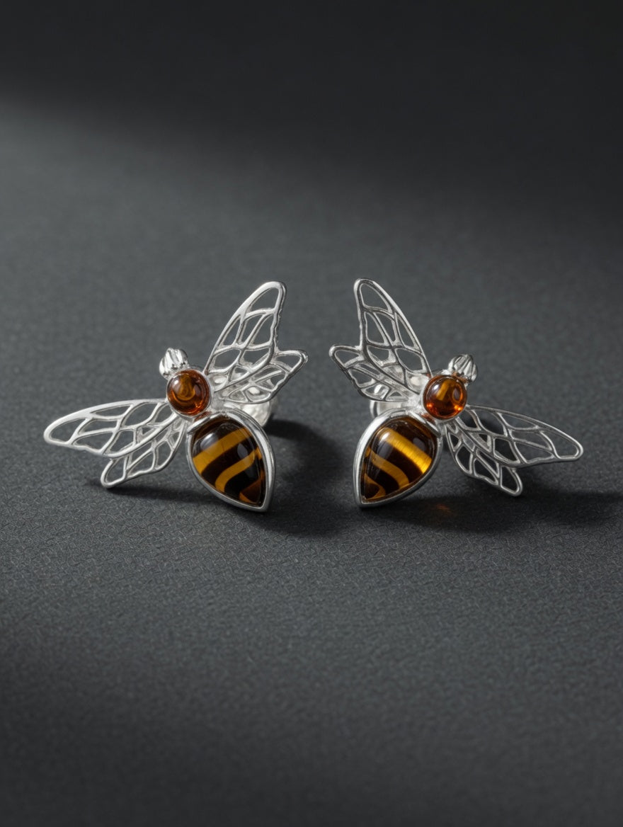 Amber Handmade Sterling Silver Bee Earrings
