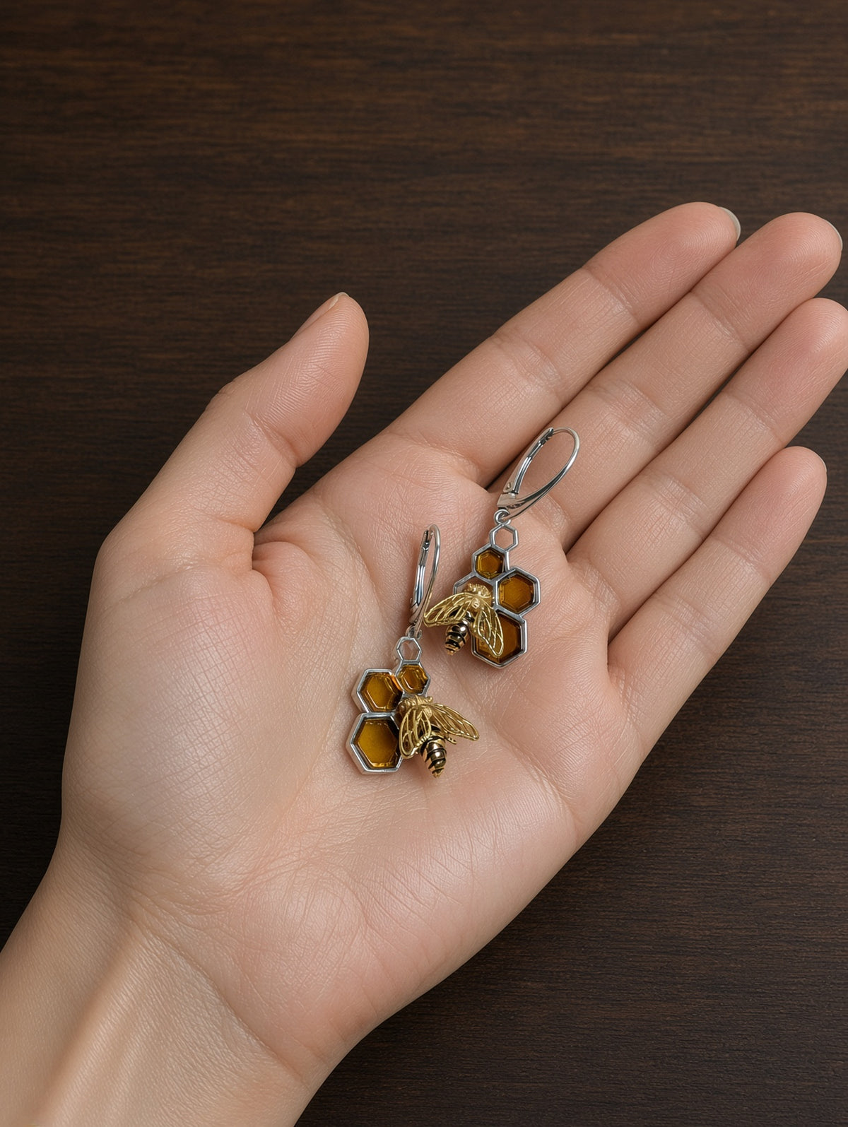 Handmade Bee Honeycomb Honey Cognac Cabochons & Sterling Silver Leverback Earrings