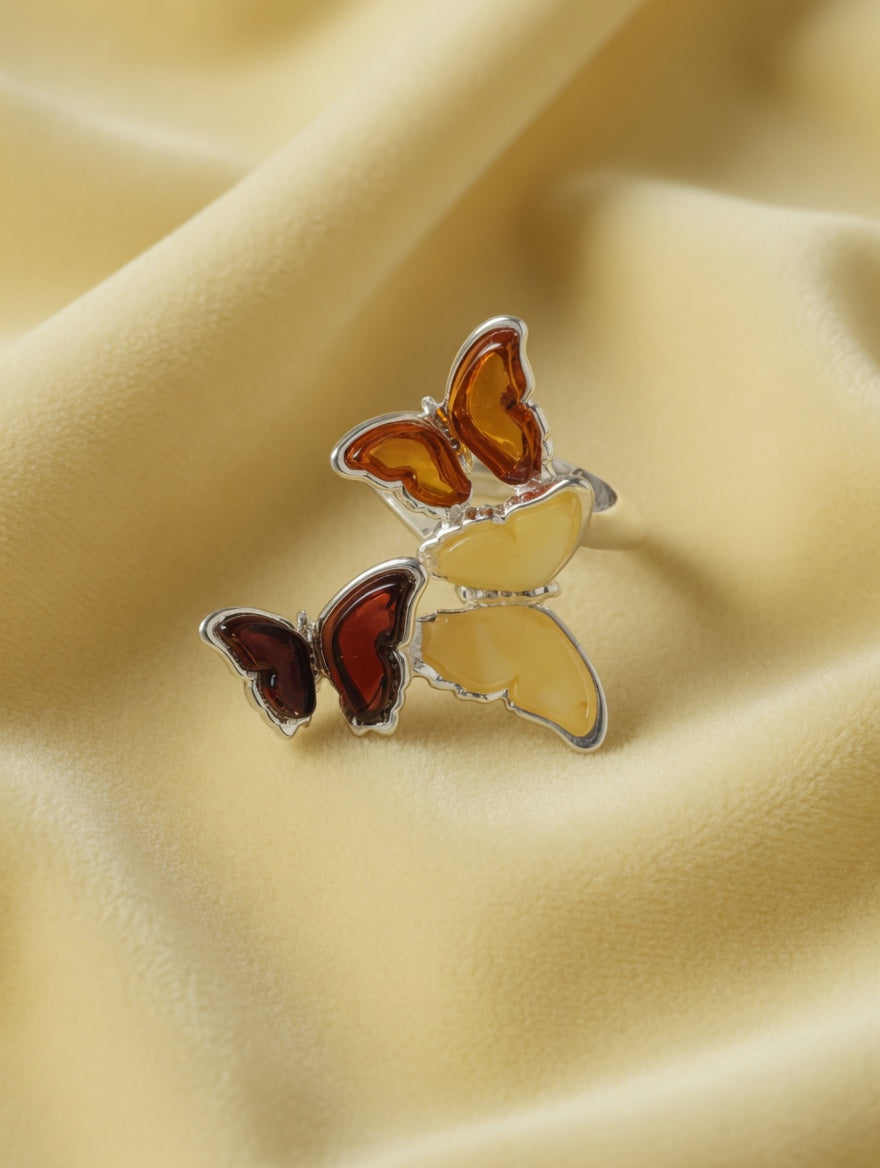 Sterling Silver Handmade Amber Multi-Butterfly Adjustable Ring