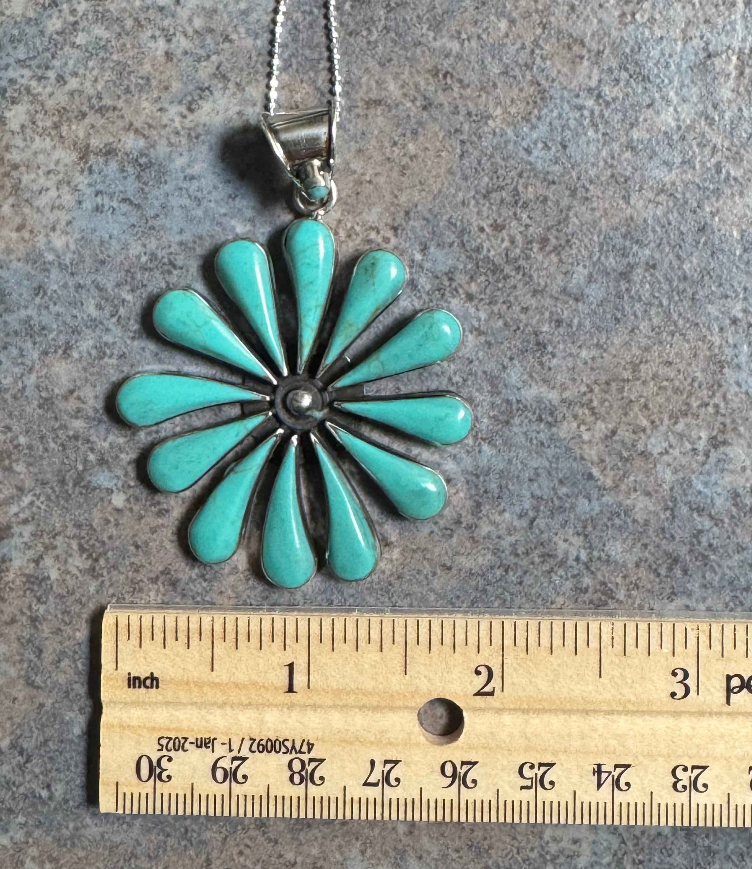 Turquoise Daisy Flower Pendant & Sterling Silver Necklace