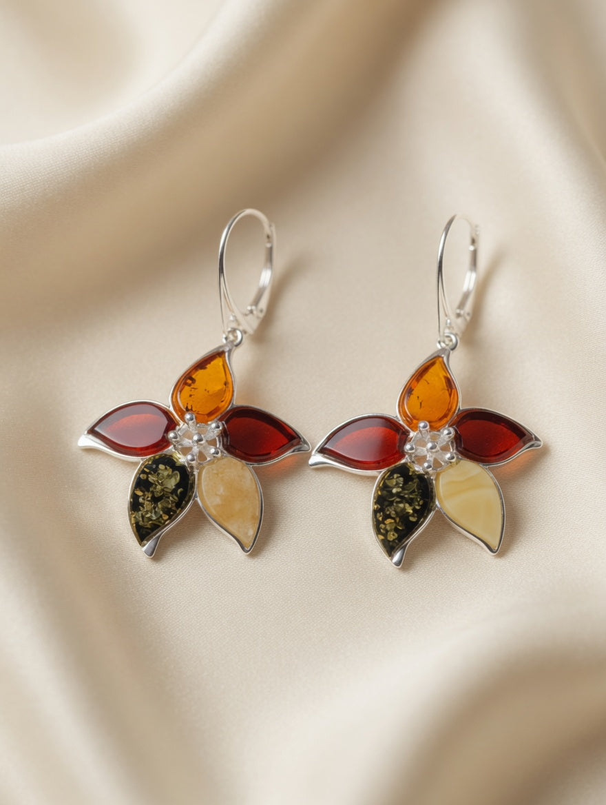 Multicolor Amber Handmade Sterling Silver Flower Leverback Earrings