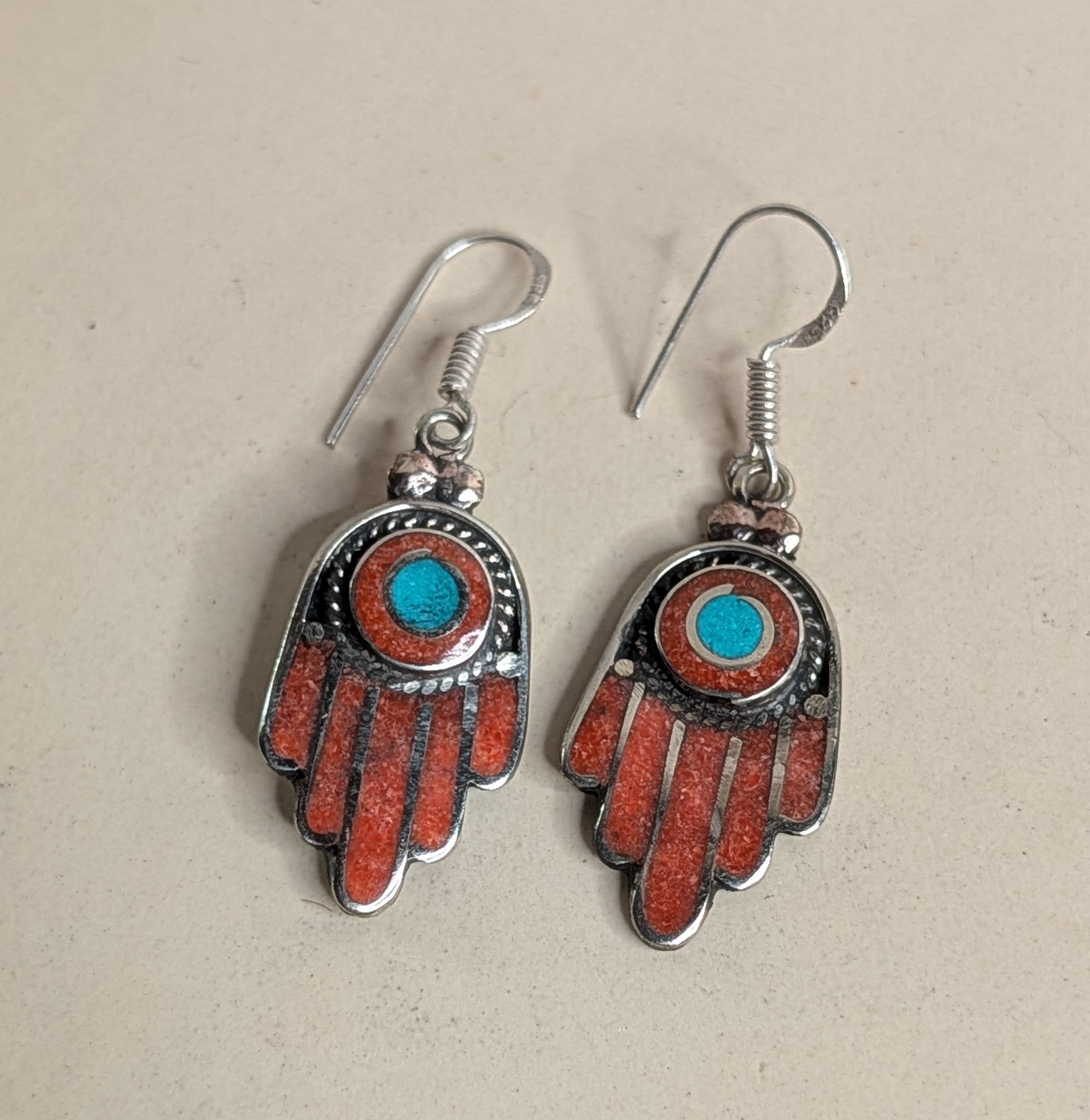 Coral Dangle Earrings with Turquoise Center – Southwest Style