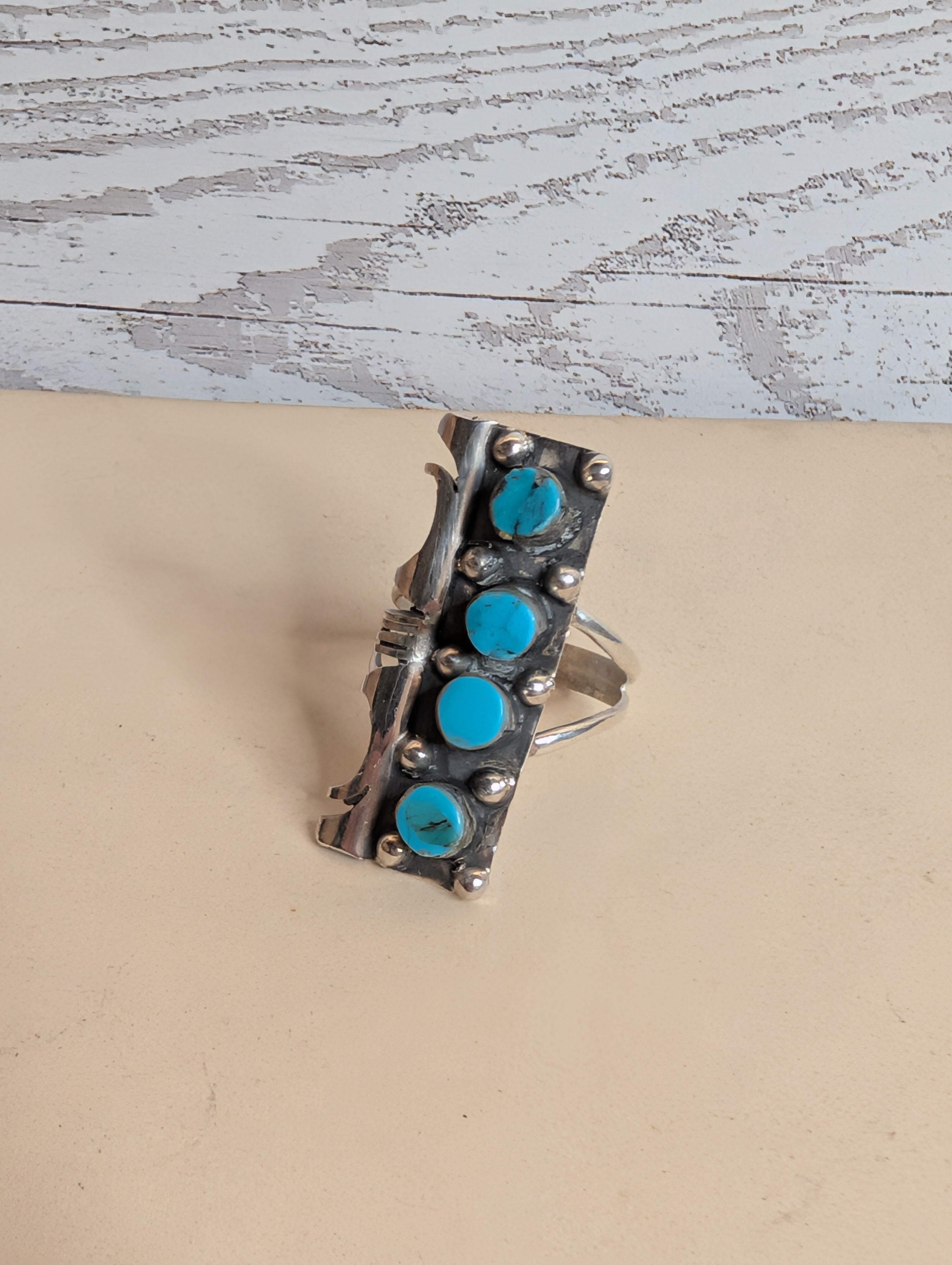 Handcrafted Kingman Turquoise Four Stone Sterling Silver Statement Ring Size 7
