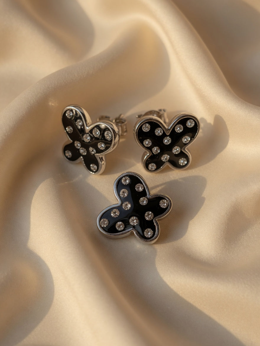 Sterling Silver CZ Black Butterfly Earrings & Pendant Jewelry Set