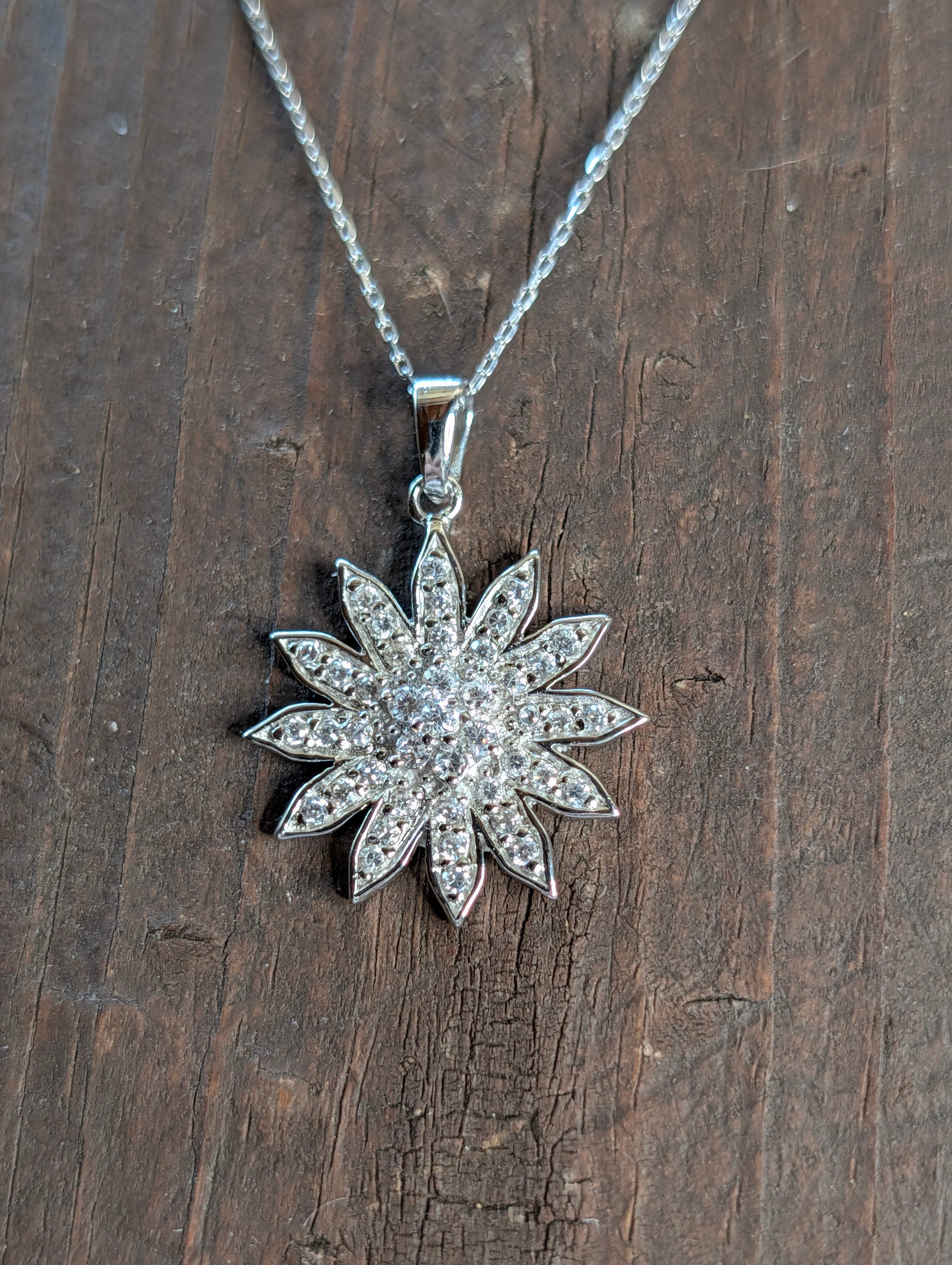 Sterling Silver CZ Sunny & Bright Sunburst Star SunFlower Pendant Necklace