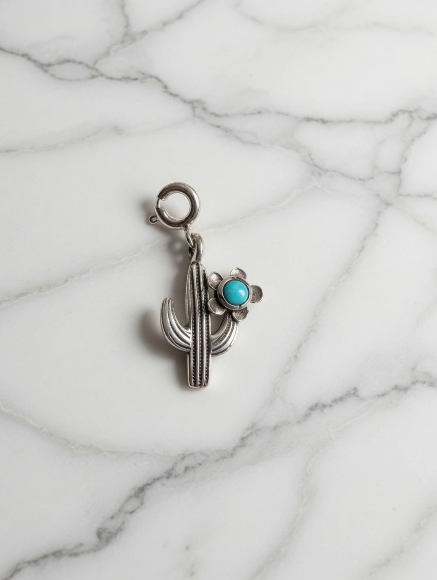 Sterling Silver Southwestern Style Saguaro Cactus & Flower Charm With Turquoise