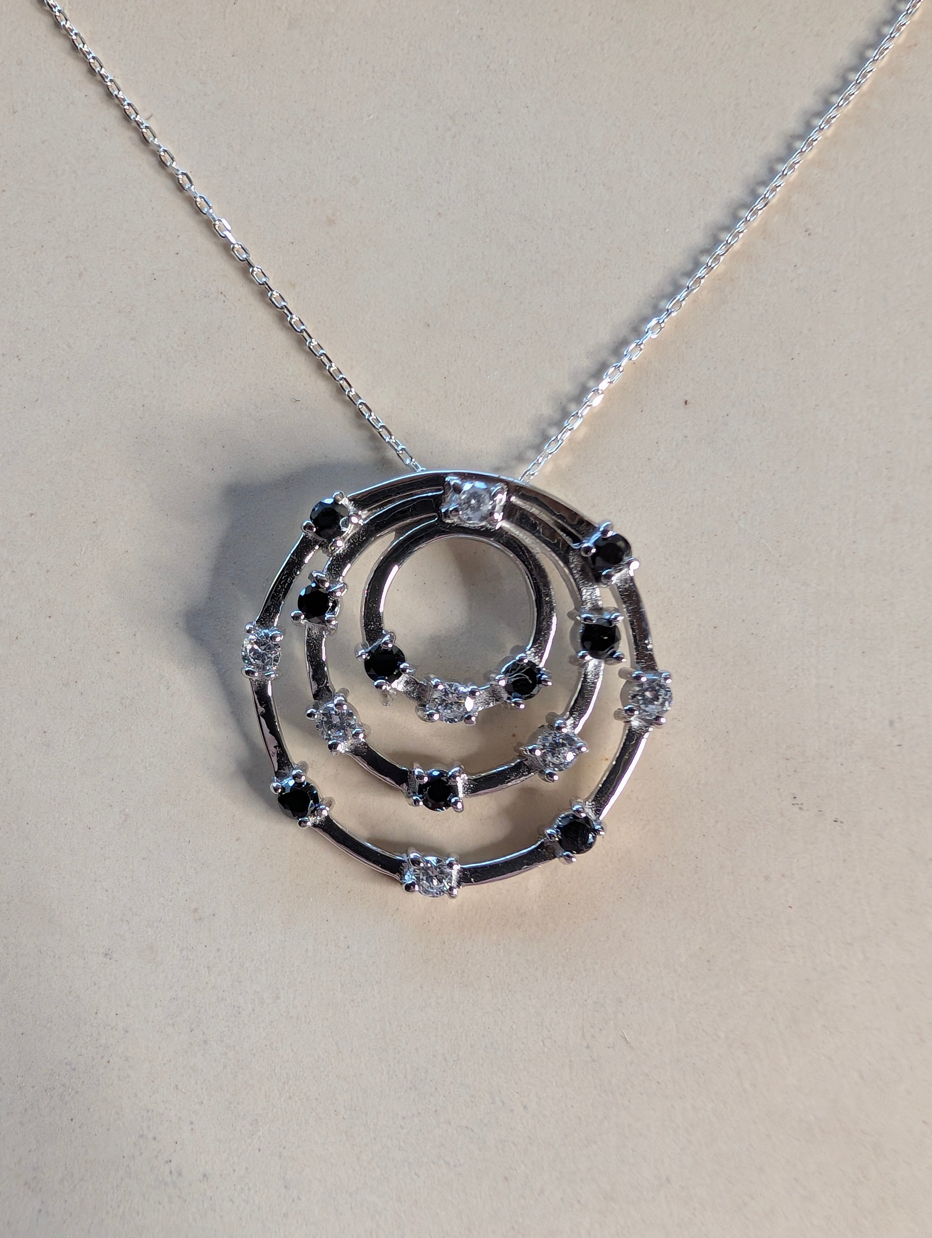 Sterling Silver Black CZ Three Circle Pendant Necklace