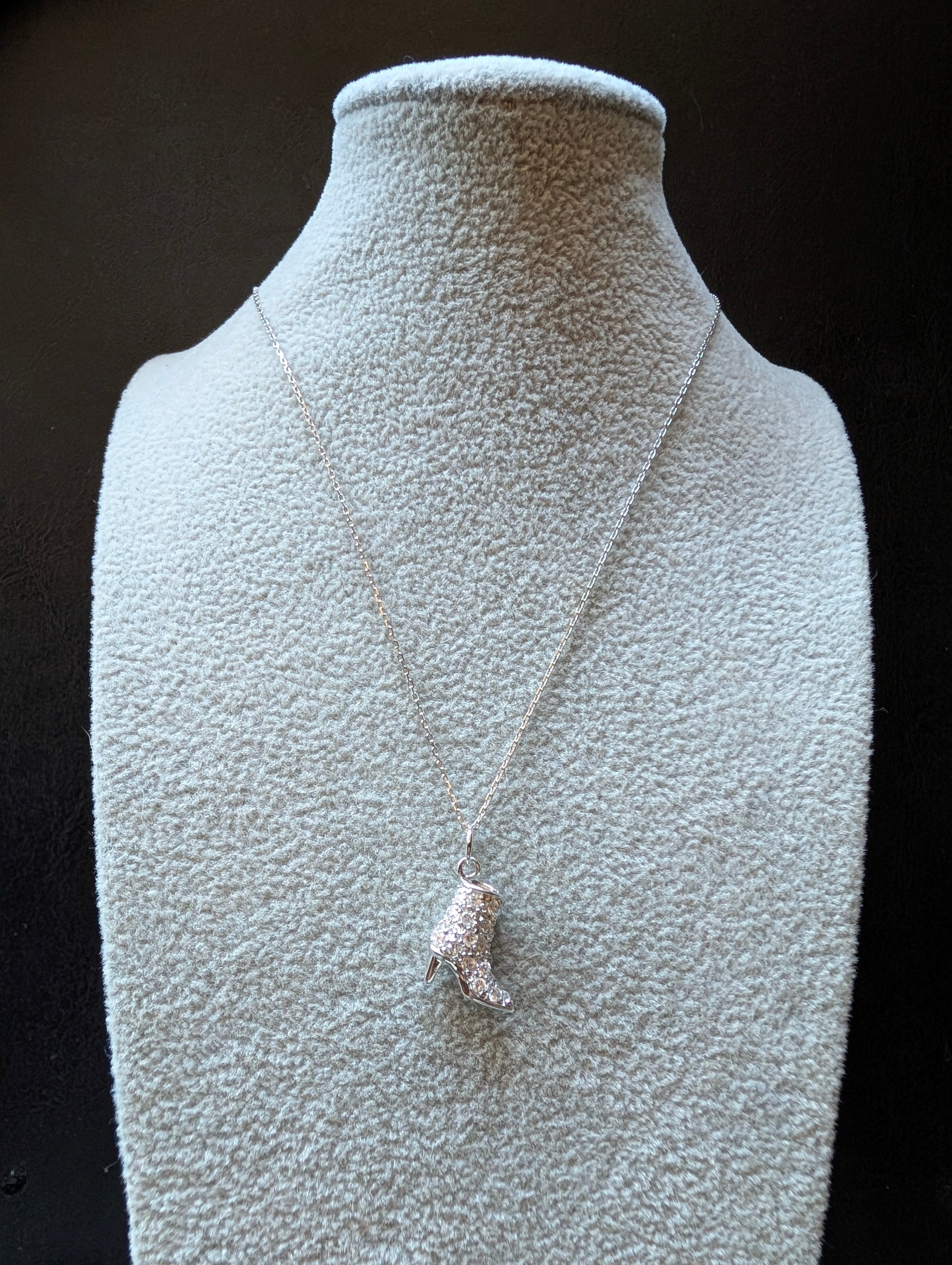 Sterling Silver Detailed CZ High Heel Cowboy Boot Pendant Necklace