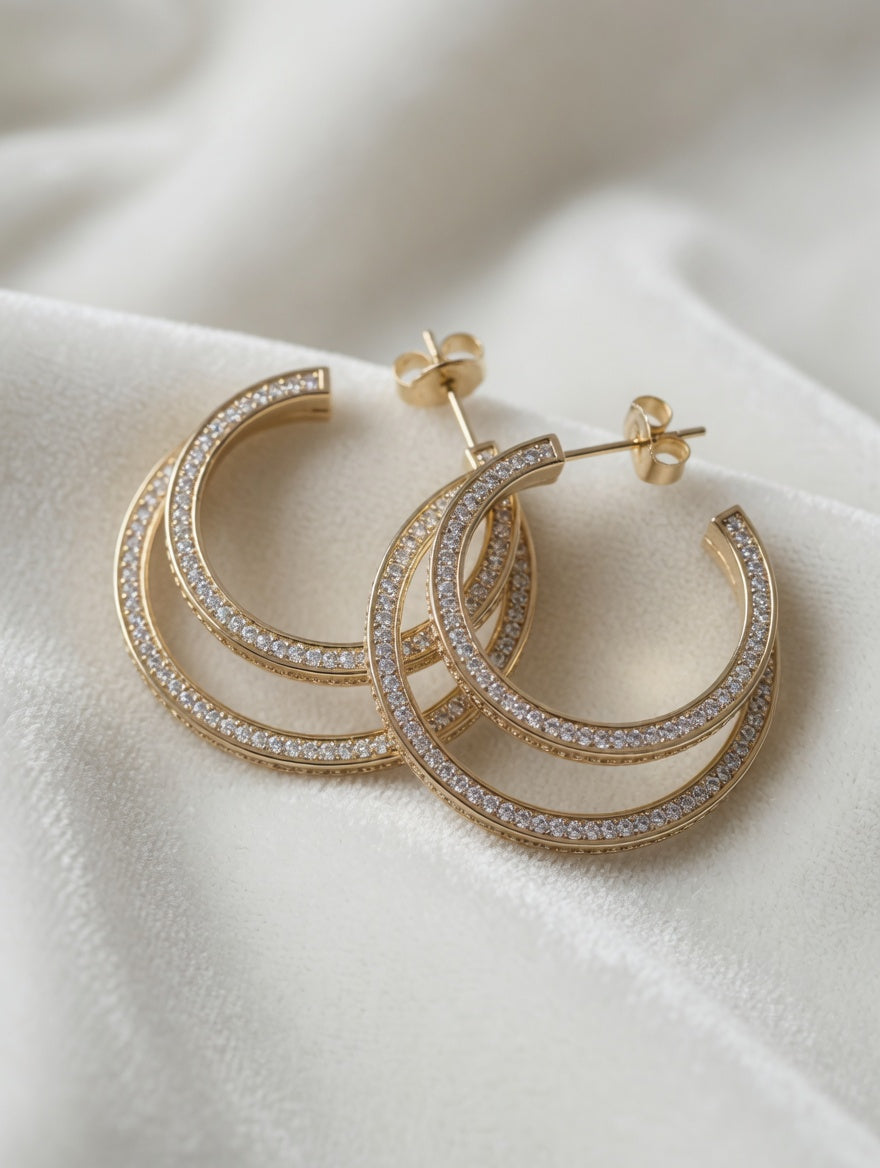 14k Gold CZ Double Hoop Earrings