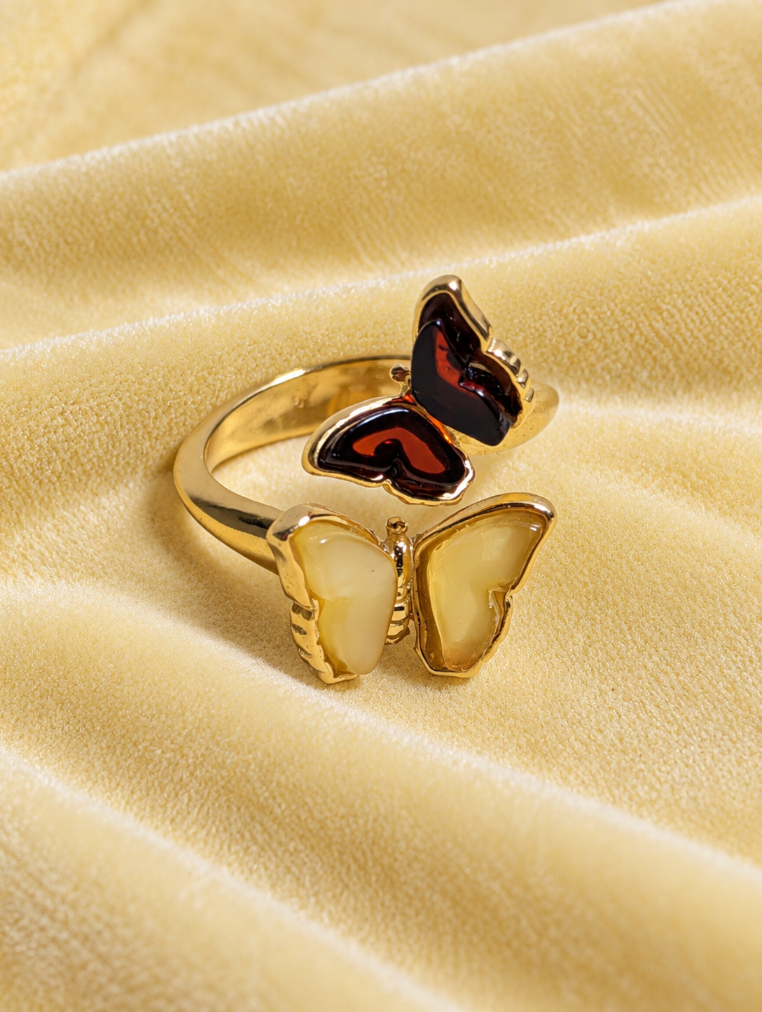 Handmade Butterfly Honey Cognac Cabochons & 14k Gold Plated Adjustable Ring