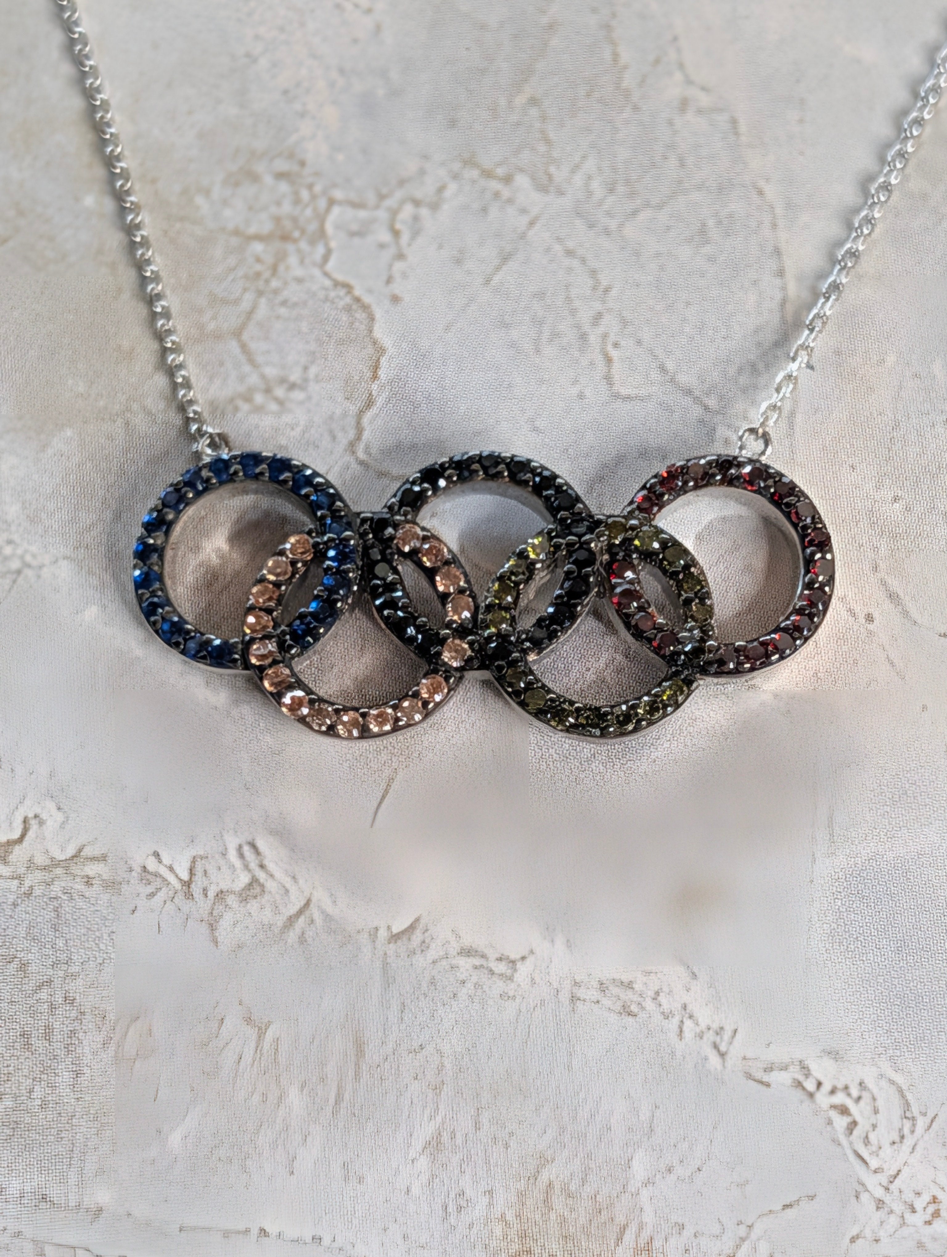 Sterling Silver MultiColor CZ Olympics Ring Bar Necklace