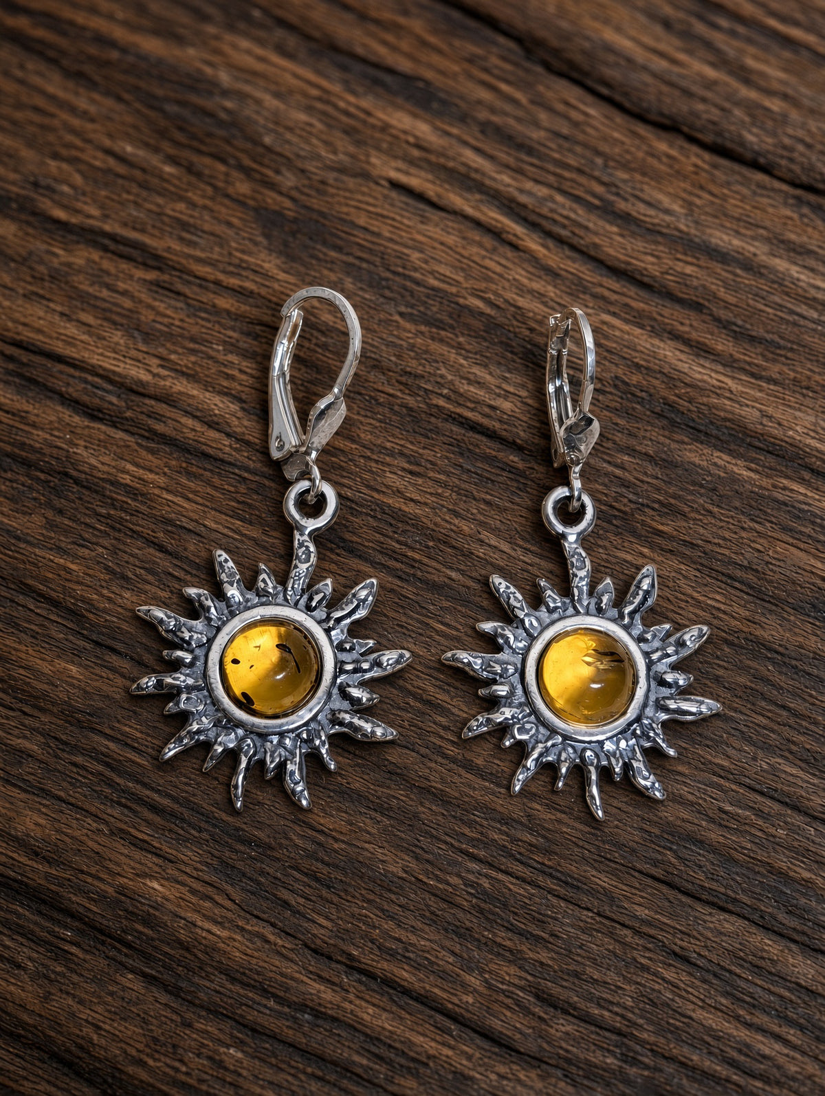 Handmade Sunburst Earrings with Yellow Inlay & Honey Cognac Cabochons In Sterling Silver