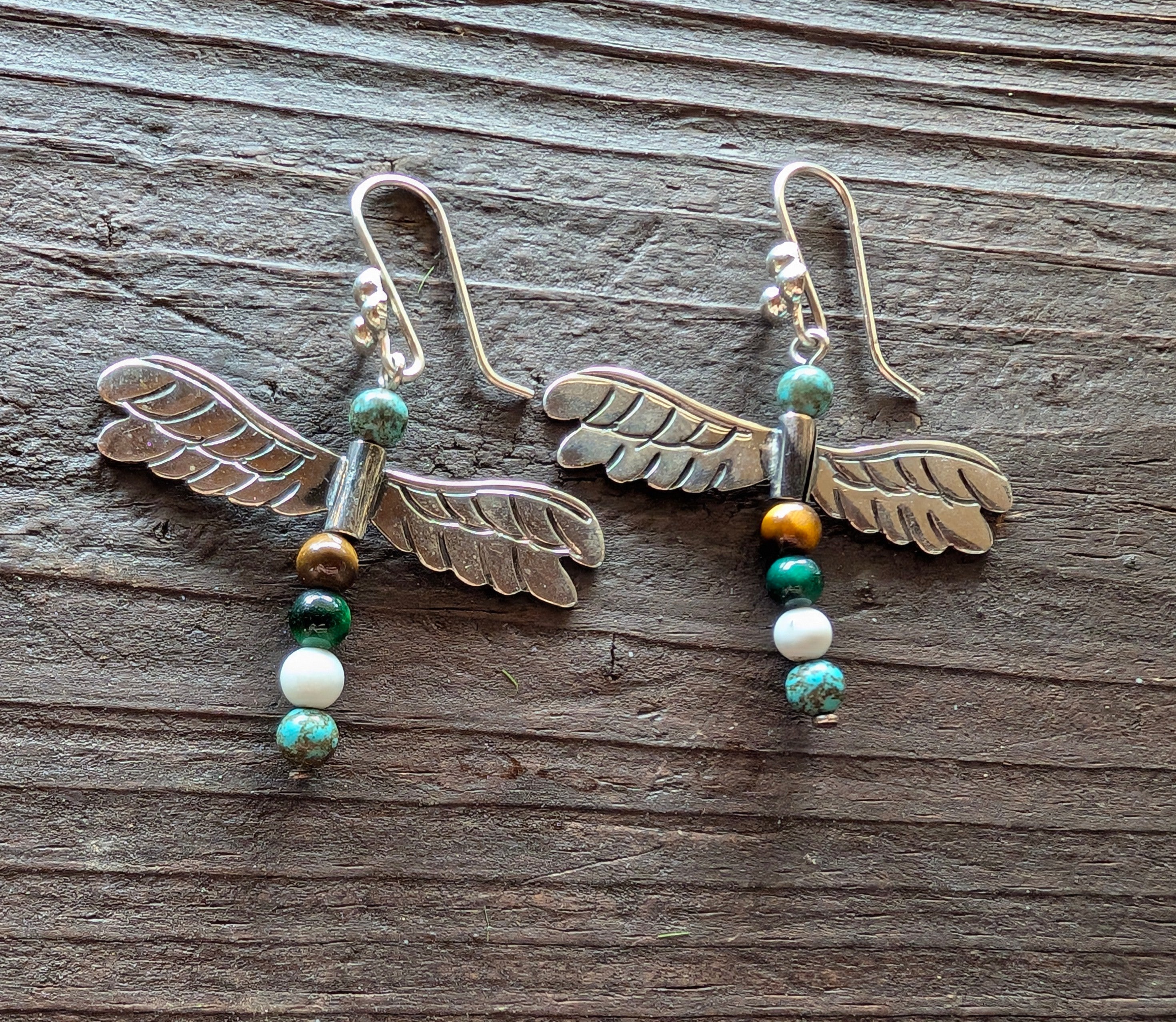 Turquoise & Sterling Silver Multistone Beaded Bird Earrings On Hook