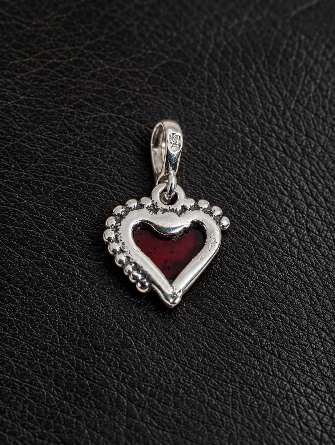 Handmade Heart Shaped Red Honey Cognac Cabochon & Sterling Silver Pendant