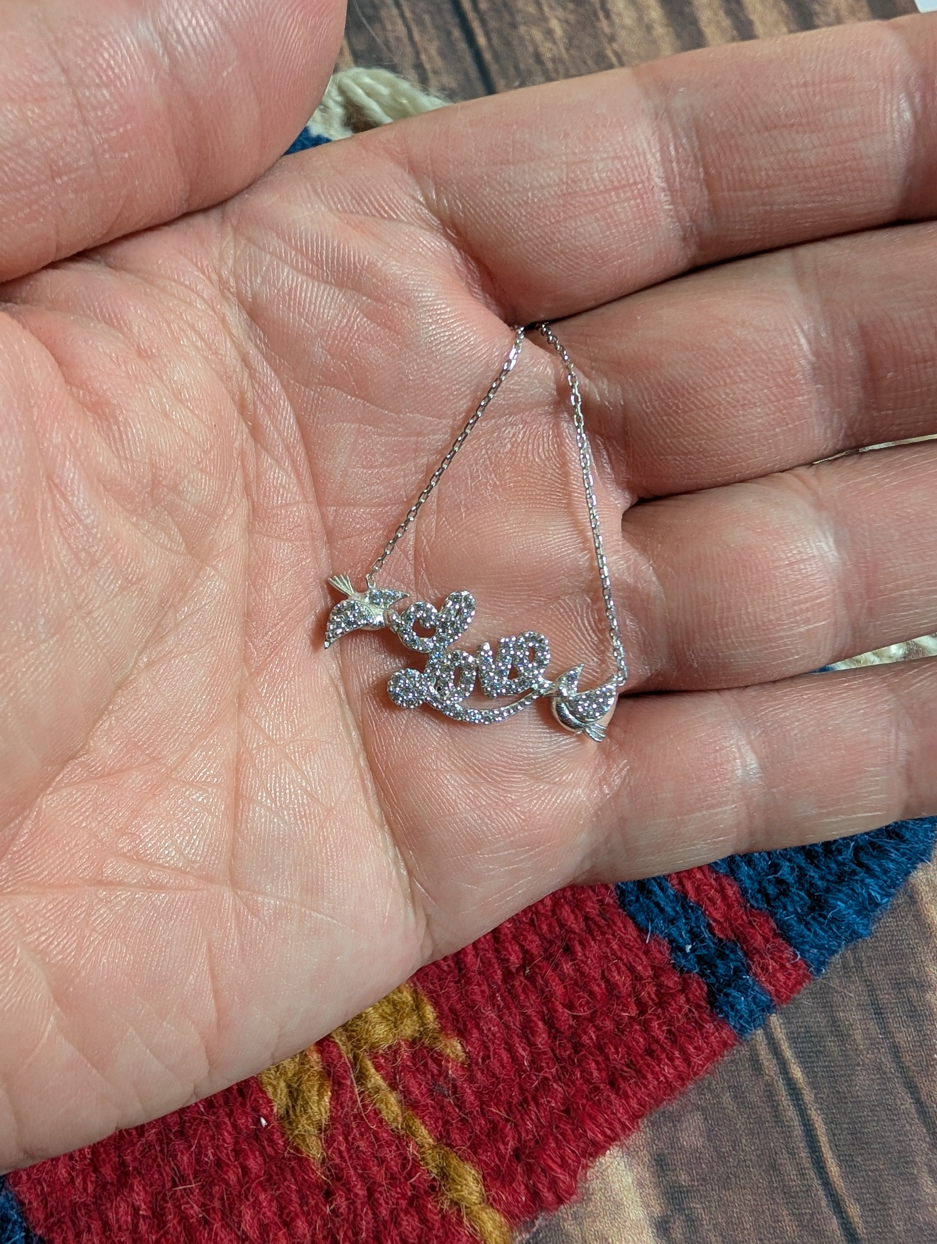 CZ Love Pendant With Bird Motif On Sterling Silver Bar Necklace