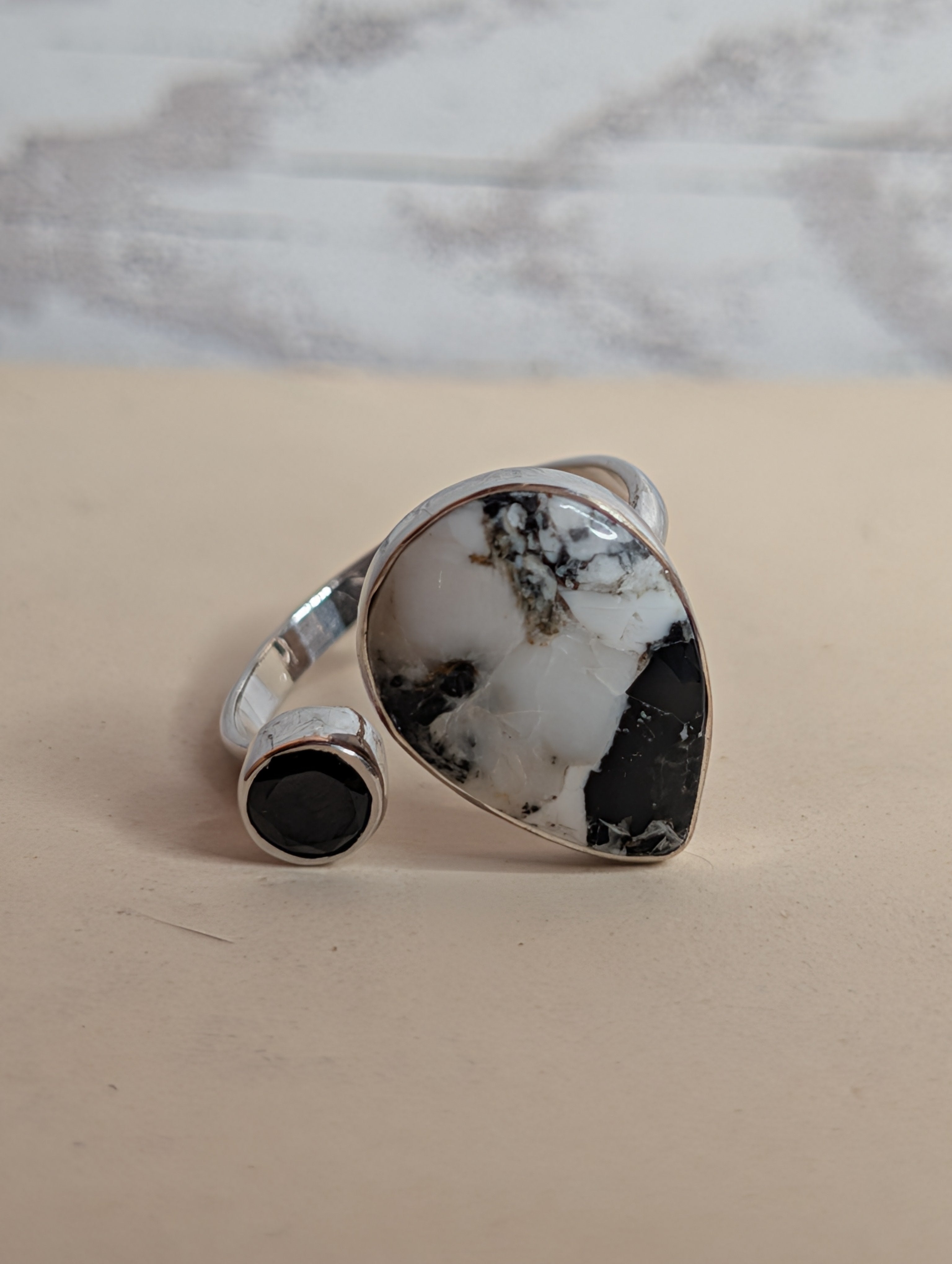 White Buffalo Tear Drop & Circle Shaped Black Onyx Sterling Silver Adjustable Ring