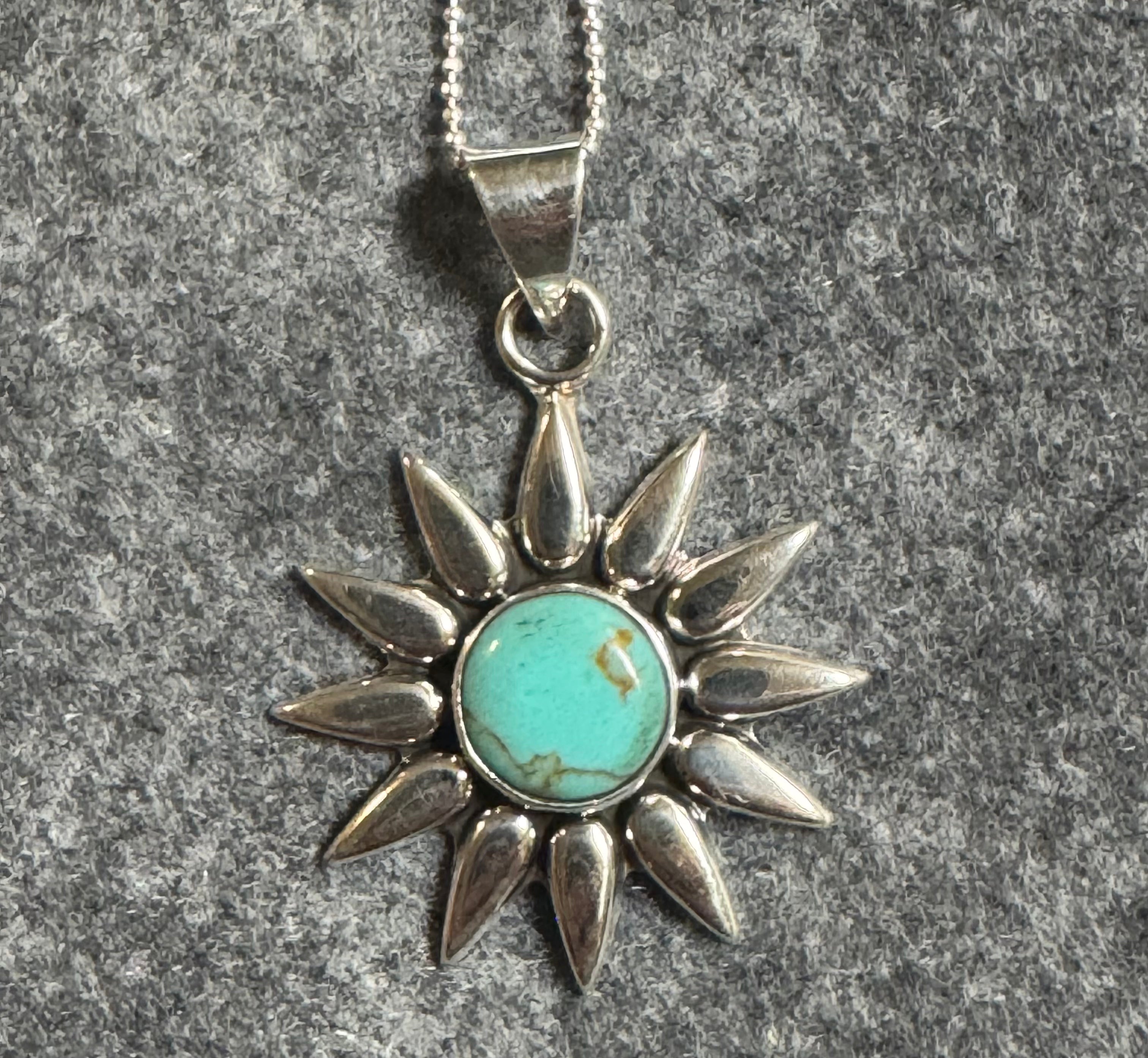 Turquoise Mini Sunburst Flower Pendant & Sterling Silver Necklace