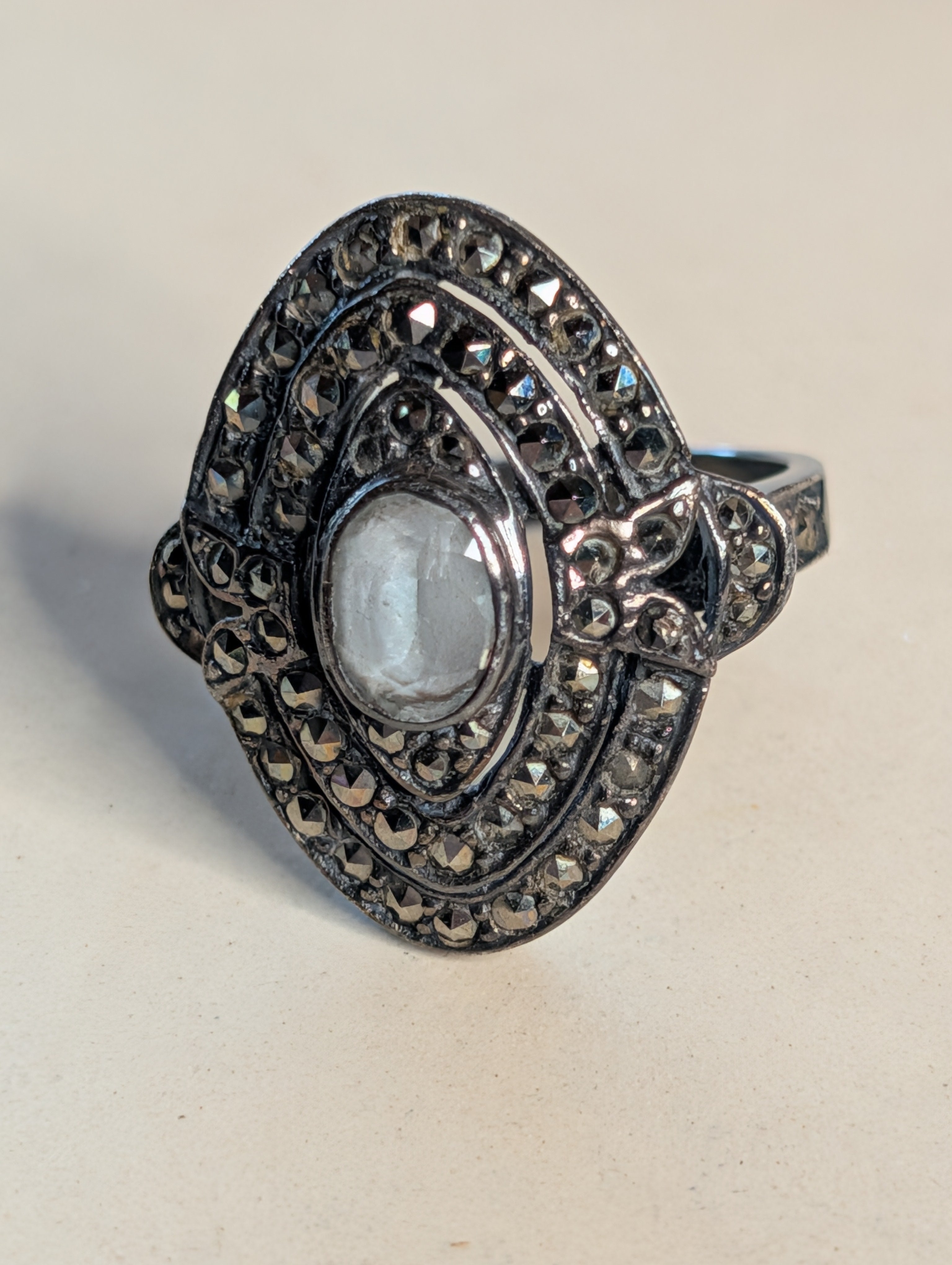 Vintage Sterling Silver Marquise Moonstone With Marcasite Accents Ring Size 7