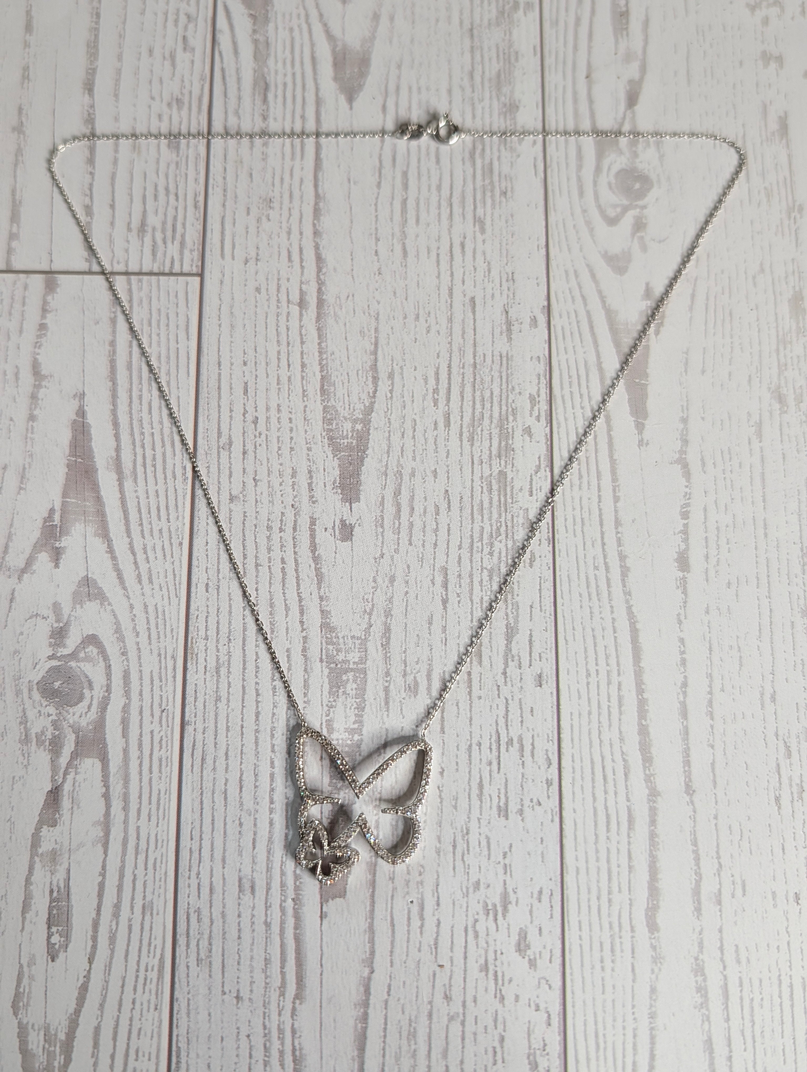 Sterling Silver CZ Double Butterfly Outline Necklace